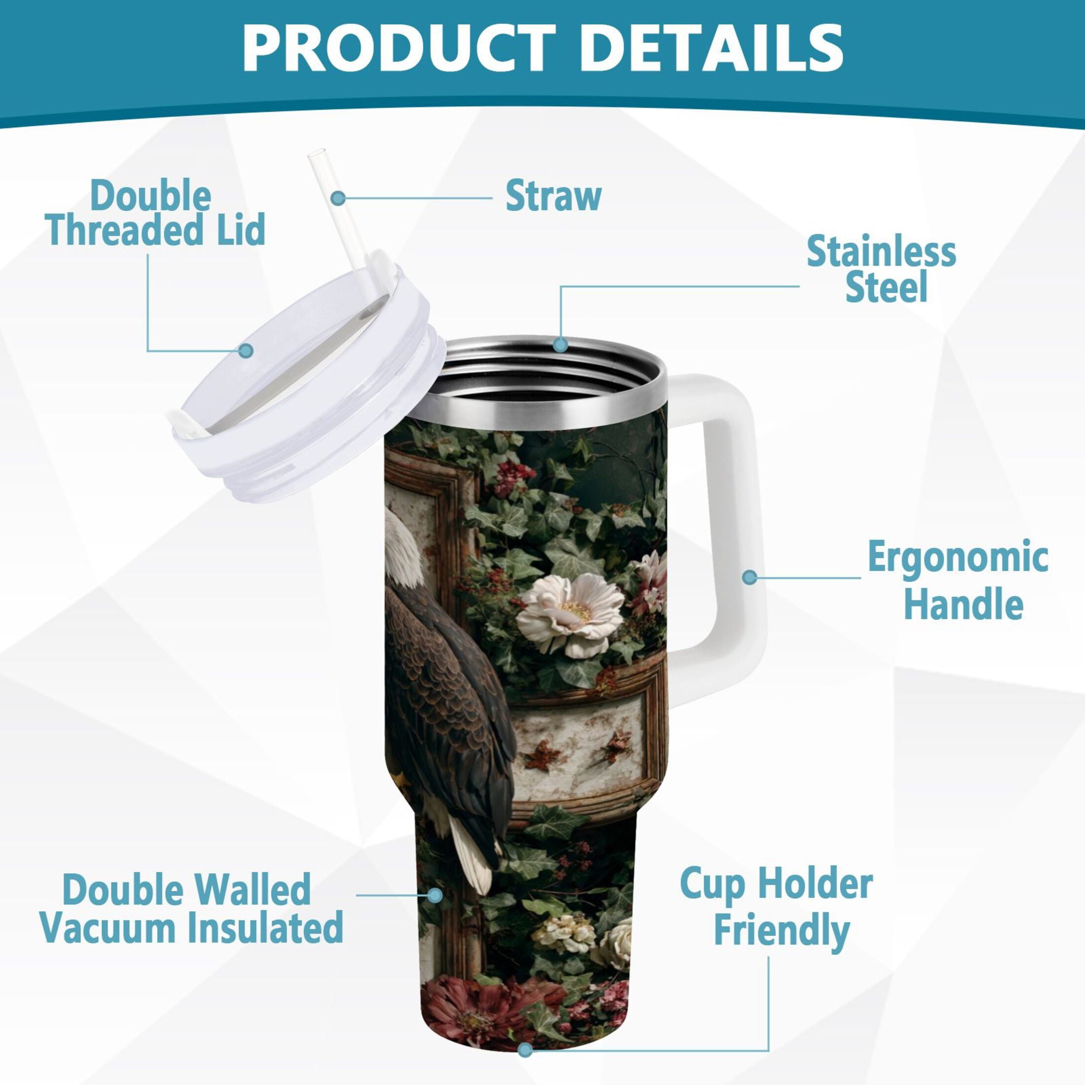 30 oz Insulated Stainless Steel Tumbler Double Wall Stainless Steel Tumbler with 2-Way Drinking Wreath and Bald Eagle - NZSZ