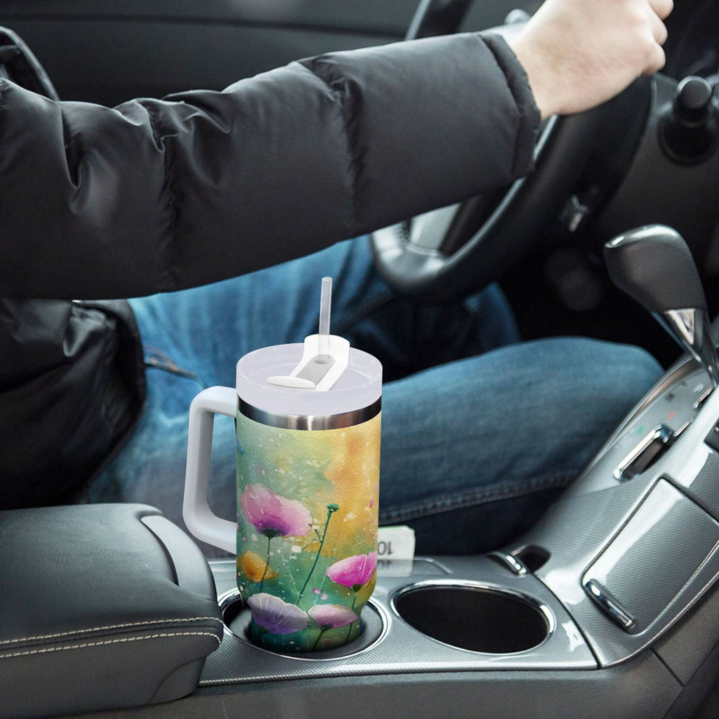 30 oz Insulated Stainless Steel Tumbler Double Wall Stainless Steel Tumbler with 2-Way Drinking Watercolor Wildflowers - X4M2
