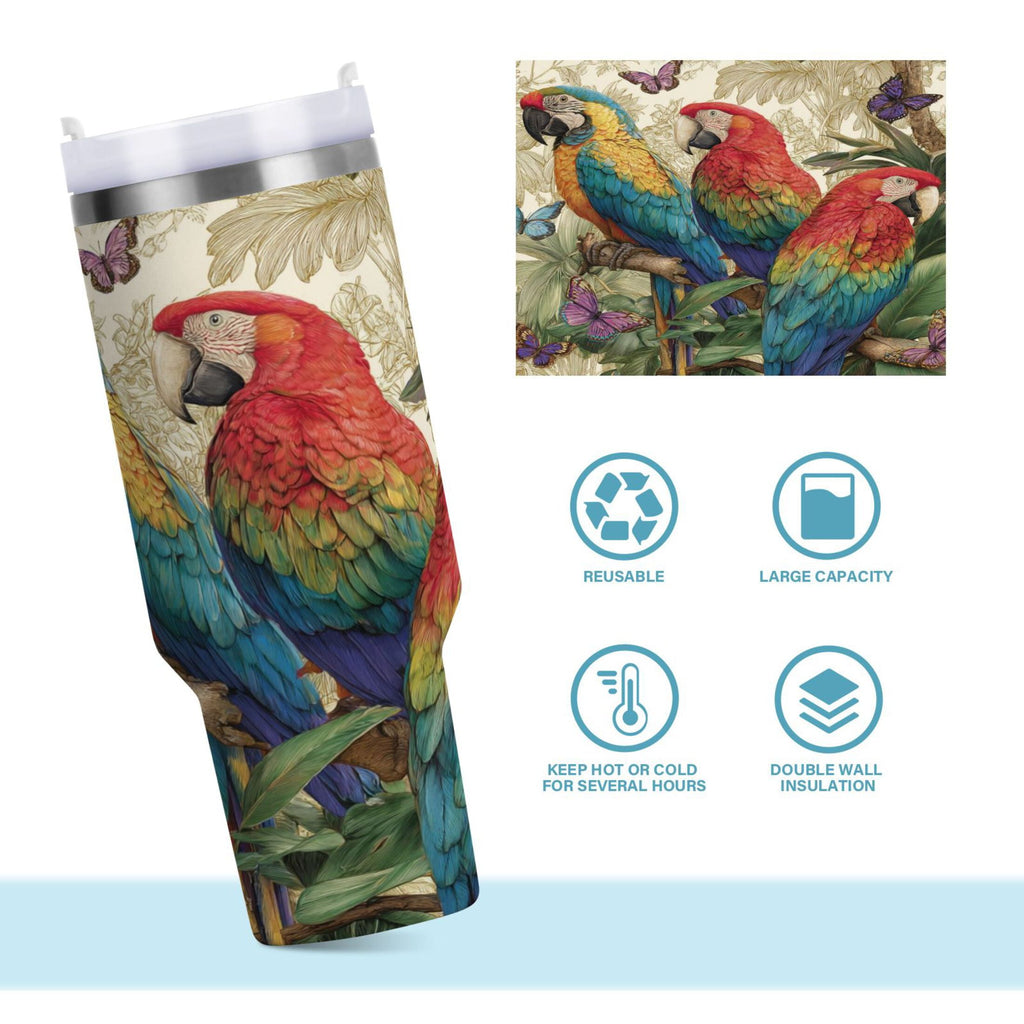 30 oz Insulated Stainless Steel Tumbler Double Wall Stainless Steel Tumbler with 2-Way Drinking Colorful Beautiful Parrots - BFBR