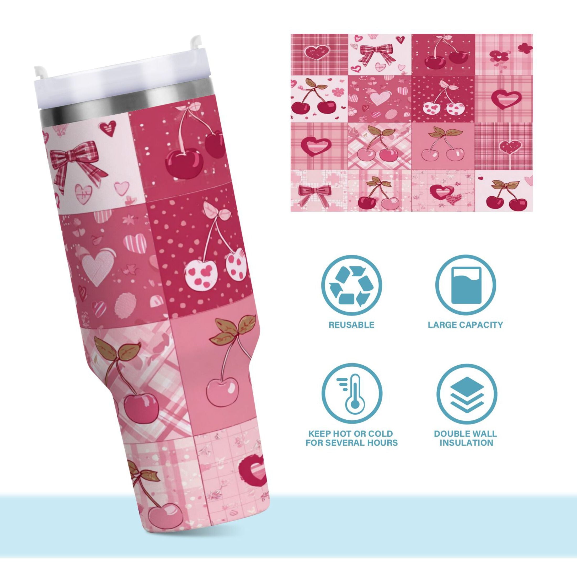 30 oz Insulated Stainless Steel Tumbler Double Wall Stainless Steel Tumbler with 2-Way Drinking Cherry Pattern with Bows - X9YM