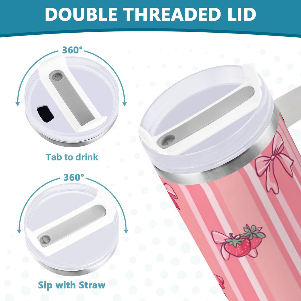 30 oz Insulated Stainless Steel Tumbler Double Wall Stainless Steel Tumbler with 2-Way Drinking Pink Bows and Strawberries - KG8N