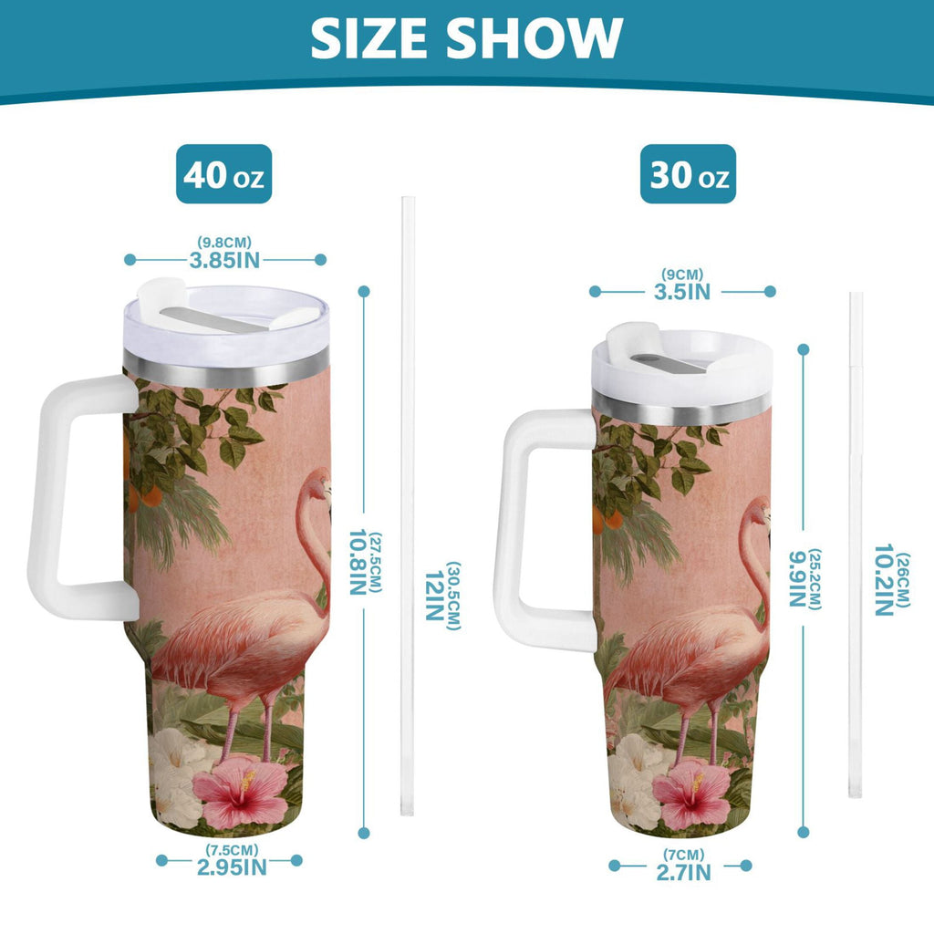 40 oz Insulated Stainless Steel Tumbler Double Wall Stainless Steel Tumbler with 2-Way Drinking Flamingos in Tropical Garden - D7RC