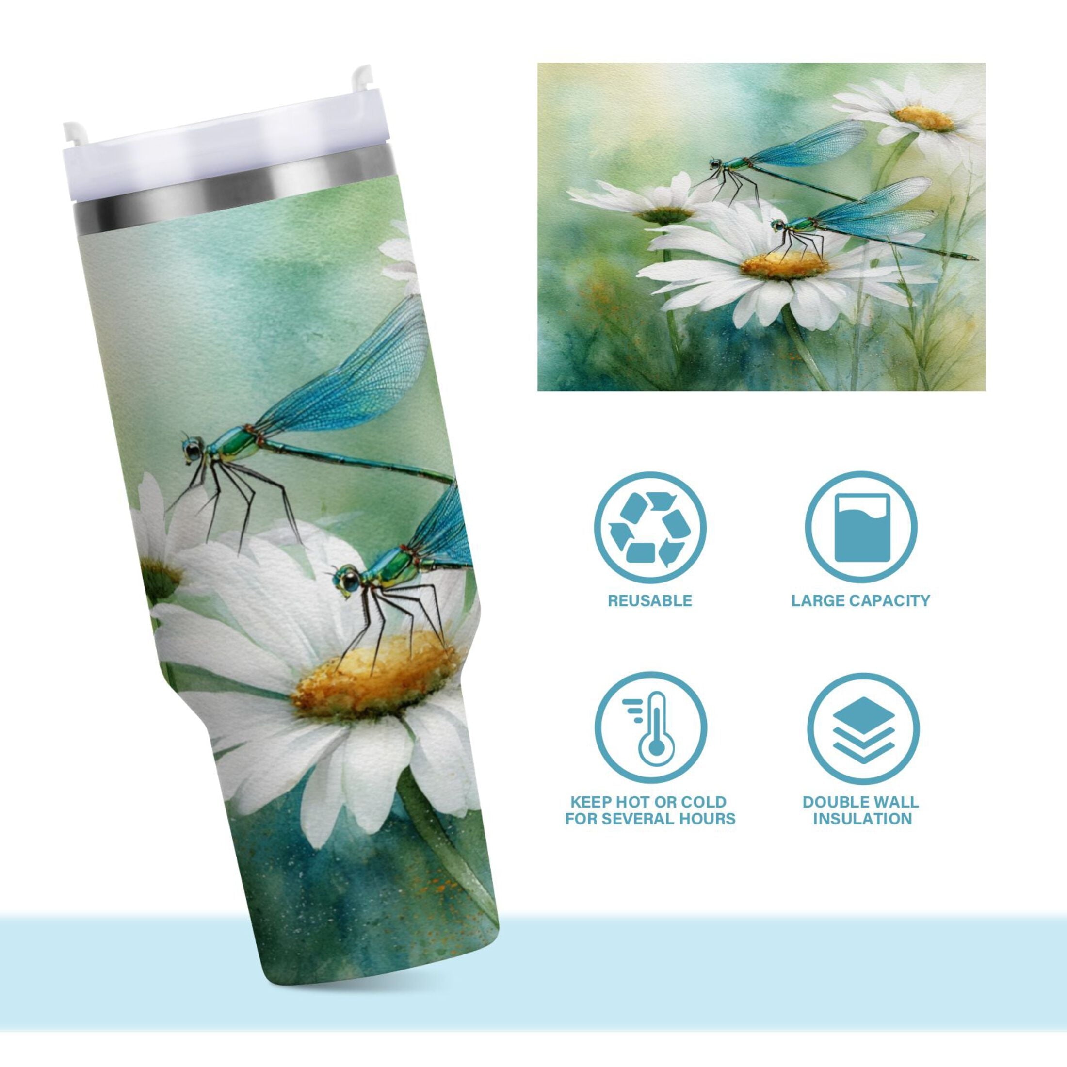 30 oz Insulated Stainless Steel Tumbler Double Wall Stainless Steel Tumbler with 2-Way Drinking Beautiful Dragonflies and Daisies - H496