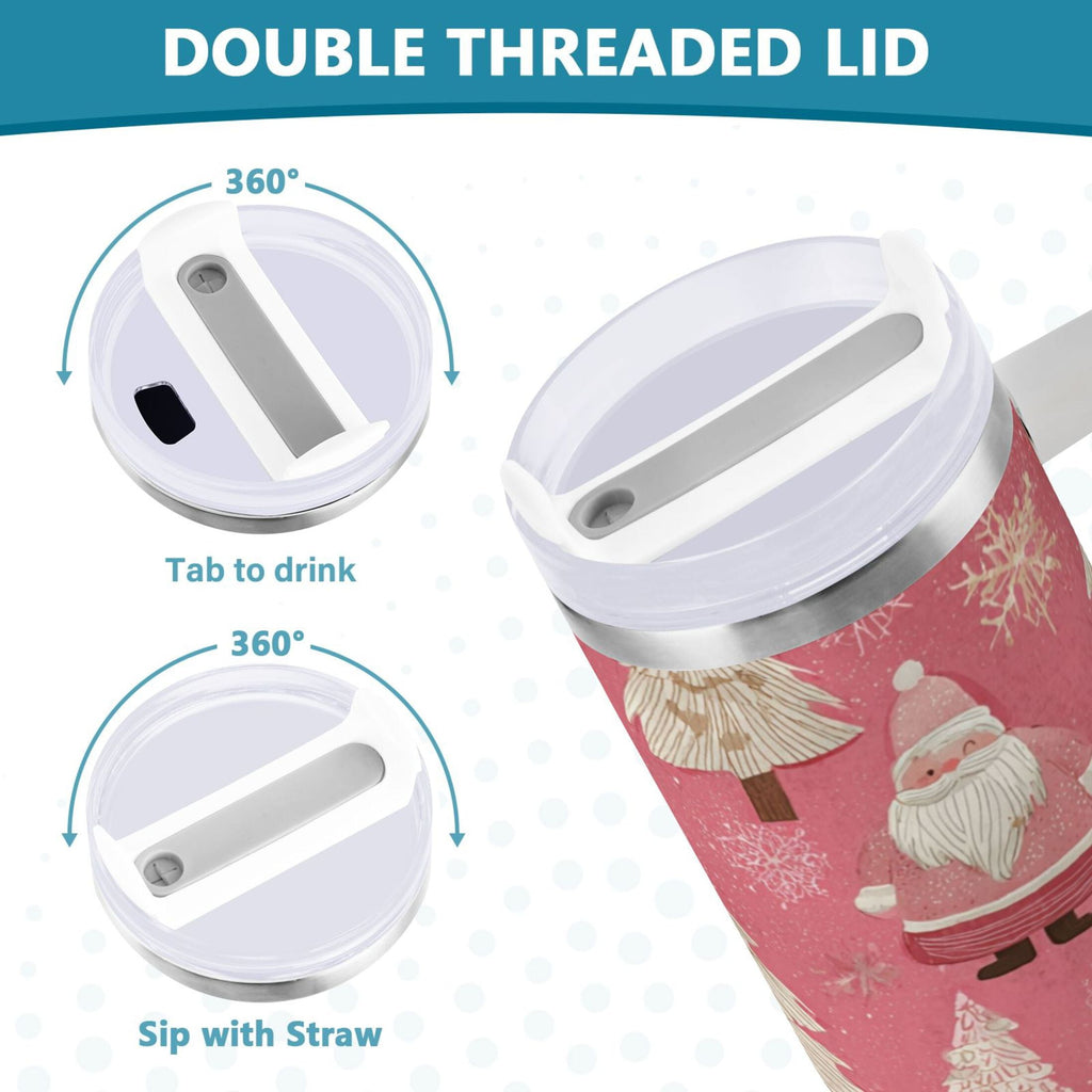 40 oz Insulated Stainless Steel Tumbler Double Wall Stainless Steel Tumbler with 2-Way Drinking Pink Santa Claus Pattern - XK26