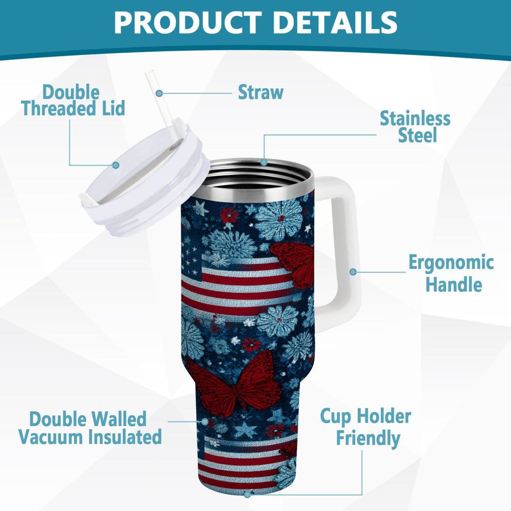 30 oz Insulated Stainless Steel Tumbler Double Wall Stainless Steel Tumbler with 2-Way Drinking Red Butterflies and Flags - TXBH