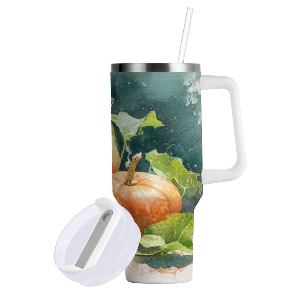40 oz Insulated Stainless Steel Tumbler Double Wall Stainless Steel Tumbler with 2-Way Drinking Orange and White Pumpkins - DEDT