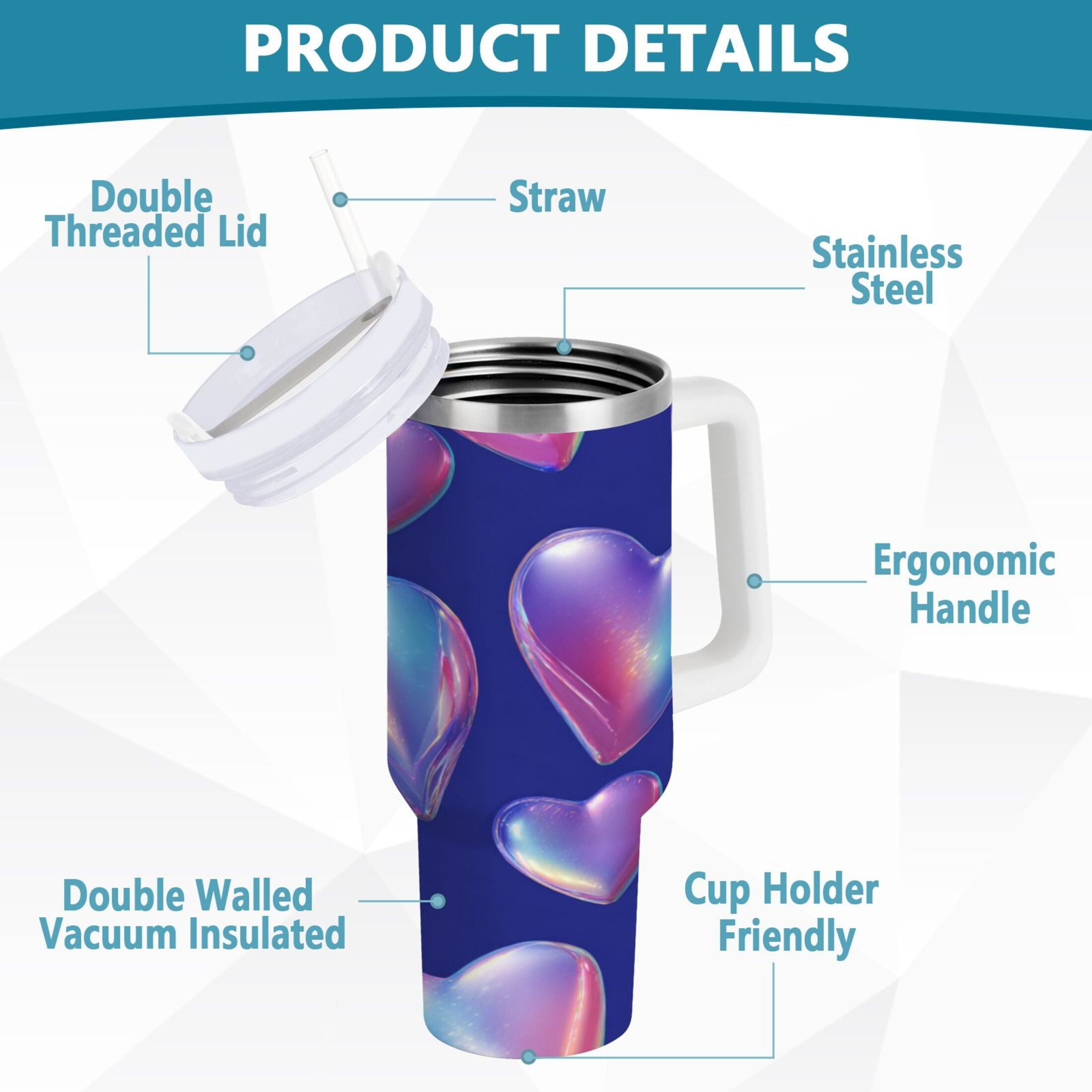 30 oz Insulated Stainless Steel Tumbler Double Wall Stainless Steel Tumbler with 2-Way Drinking Pink-purple Hearts - WMEG