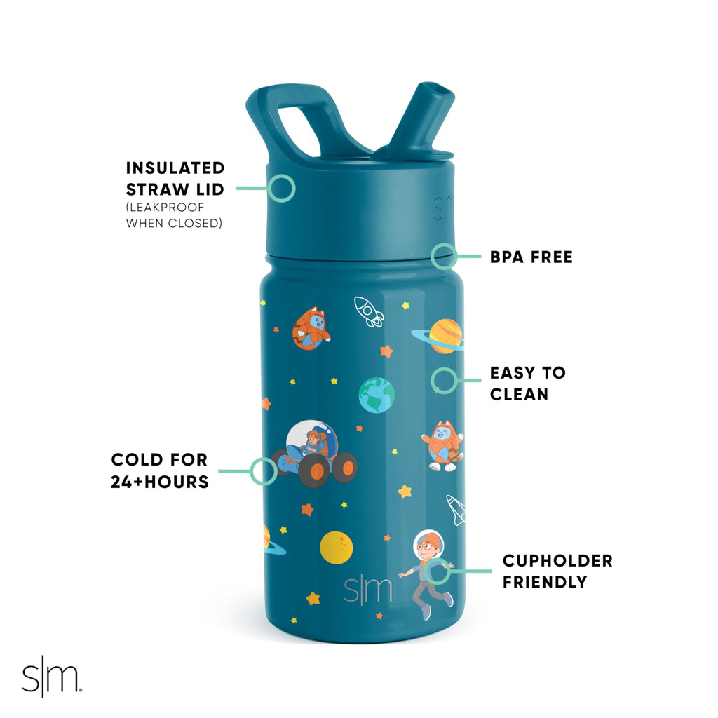Simple Modern Blippi Kids Water Bottle with Straw Lid | Insulated Stainless Steel Reusable Tumbler for Toddlers, Girls | Summit Collection | 14oz, Blippi Space - CZ9K
