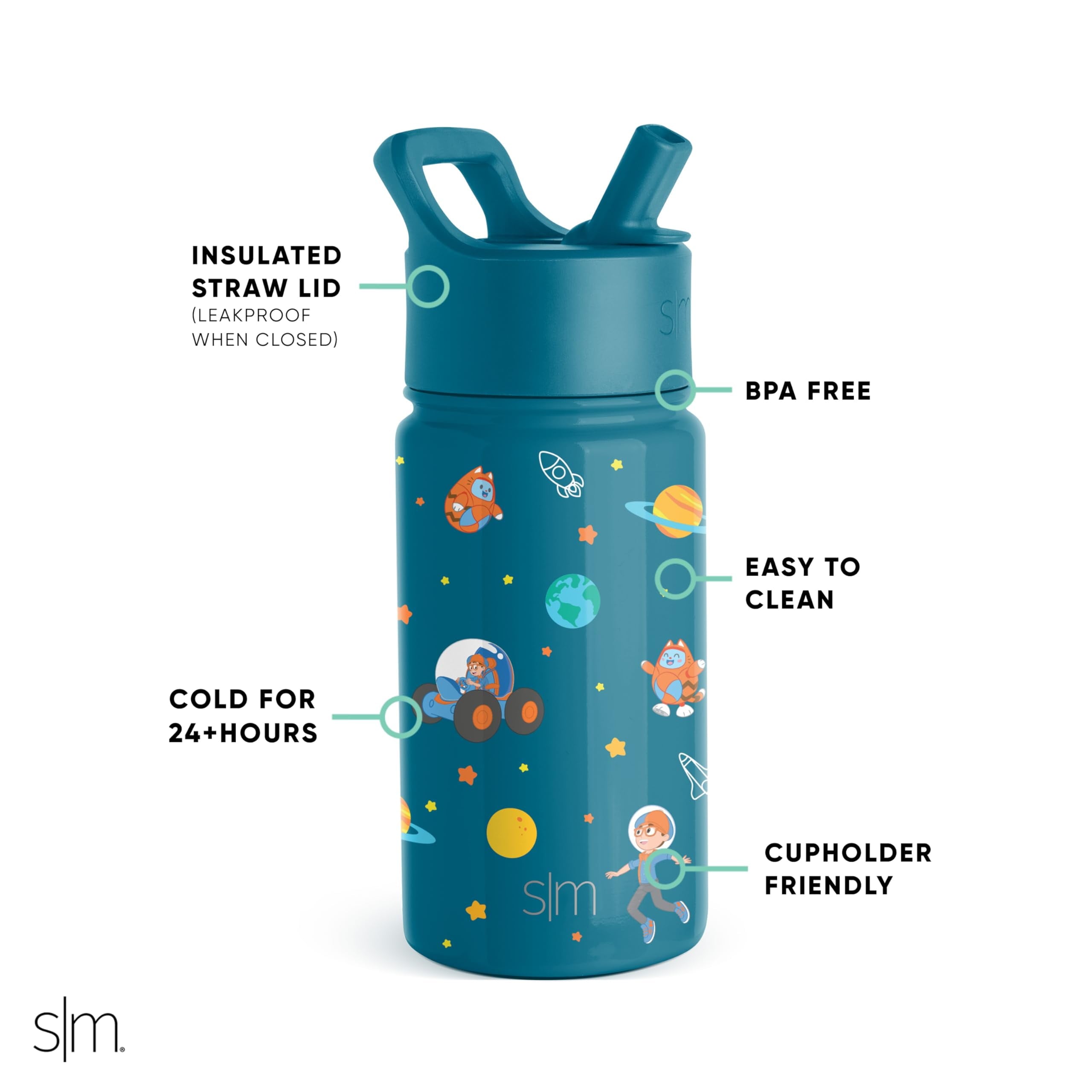 Simple Modern Blippi Kids Water Bottle with Straw Lid | Insulated Stainless Steel Reusable Tumbler for Toddlers, Girls | Summit Collection | 14oz, Blippi Space - CZ9K