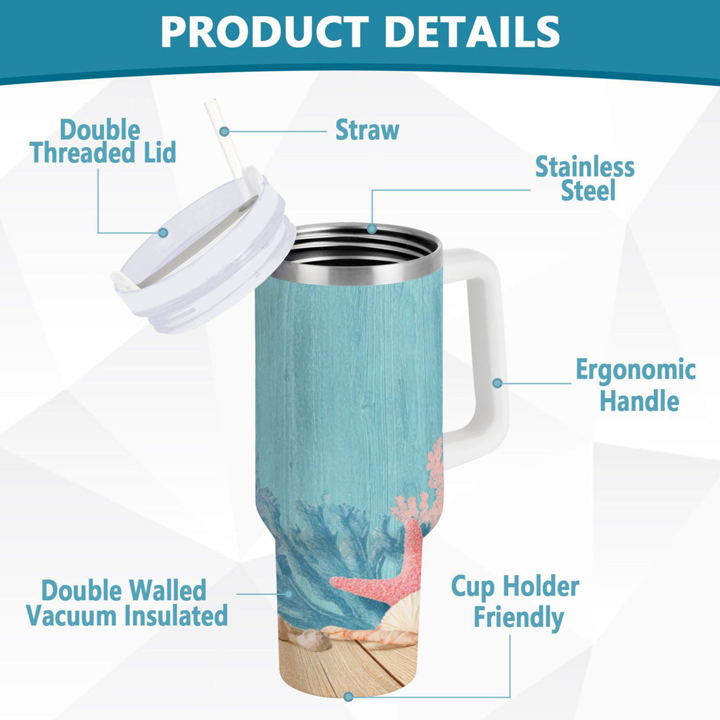 40 oz Insulated Stainless Steel Tumbler Double Wall Stainless Steel Tumbler with 2-Way Drinking Colorful Starfish and Seashells - 8NVH