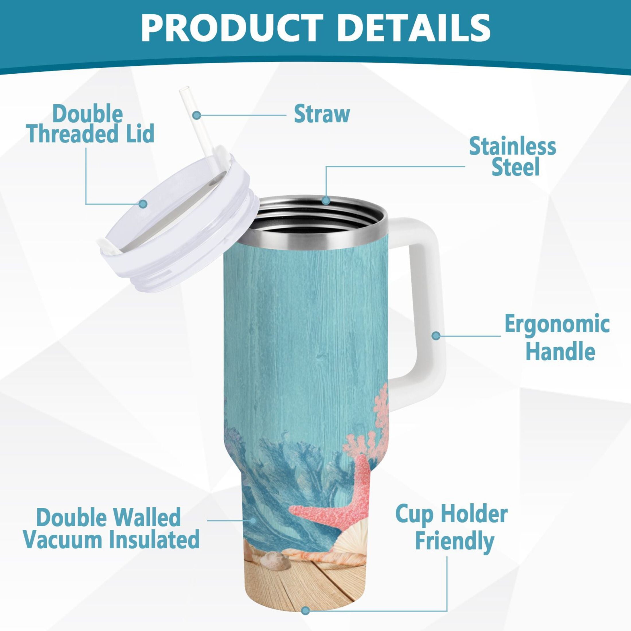 40 oz Insulated Stainless Steel Tumbler Double Wall Stainless Steel Tumbler with 2-Way Drinking Colorful Starfish and Seashells - 8NVH