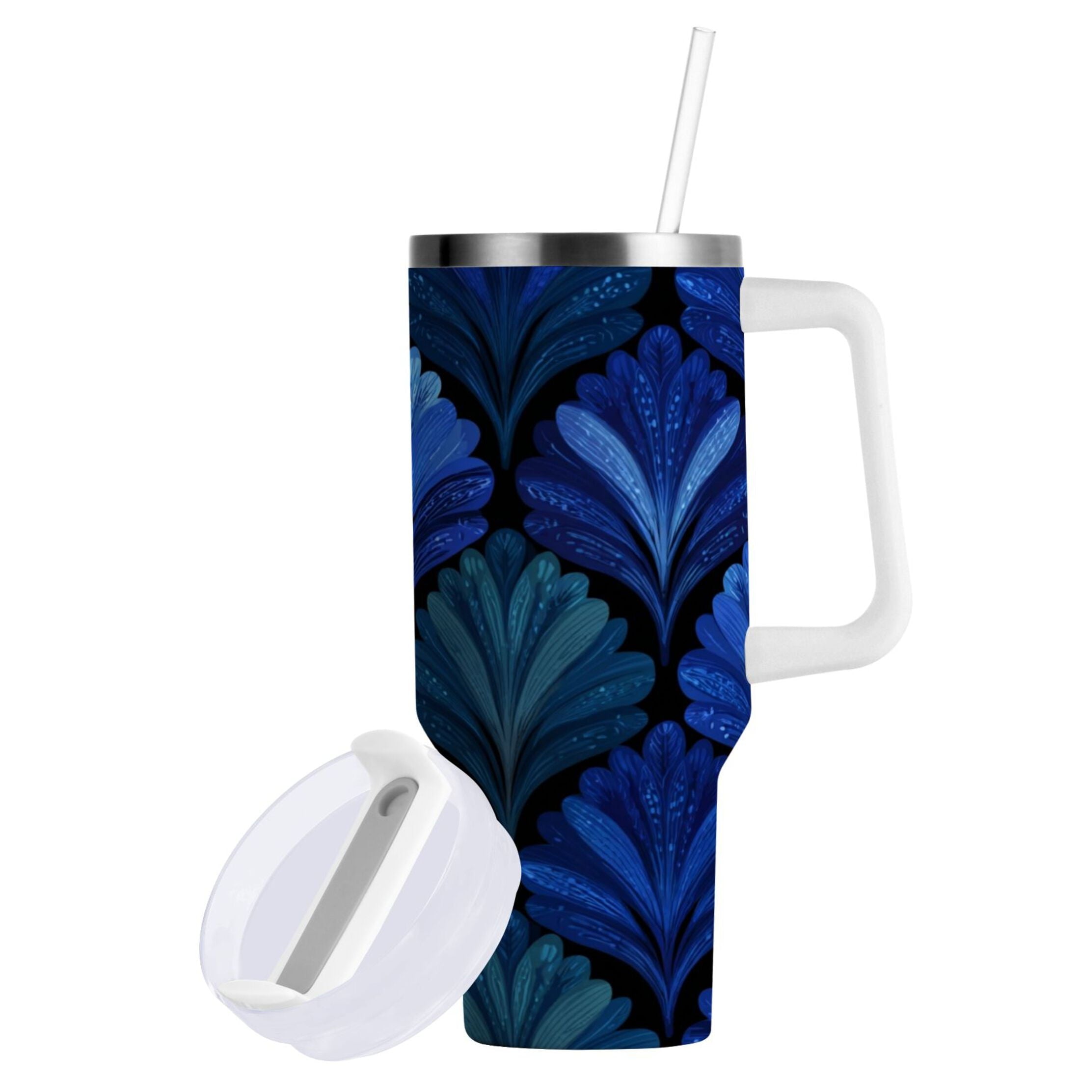 30 oz Insulated Stainless Steel Tumbler Double Wall Stainless Steel Tumbler with 2-Way Drinking Blue Batik Leaves Pattern - UL6C