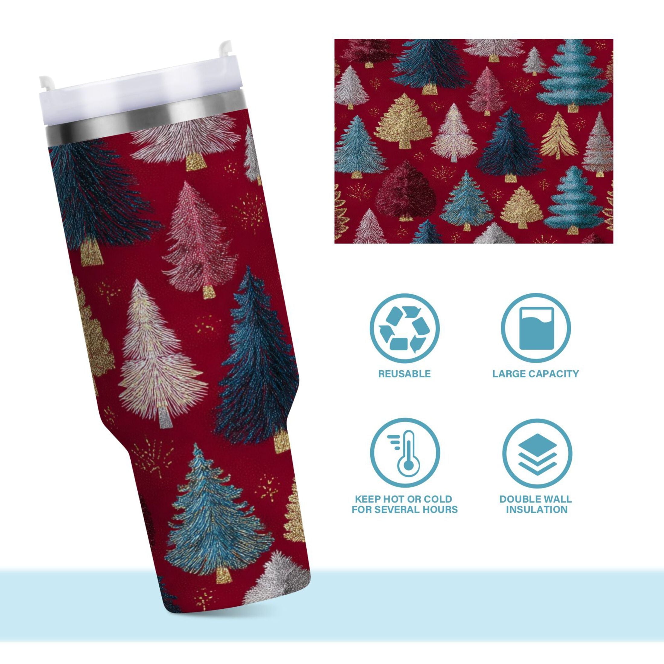 30 oz Insulated Stainless Steel Tumbler Double Wall Stainless Steel Tumbler with 2-Way Drinking Stylized Christmas Trees - XKAX