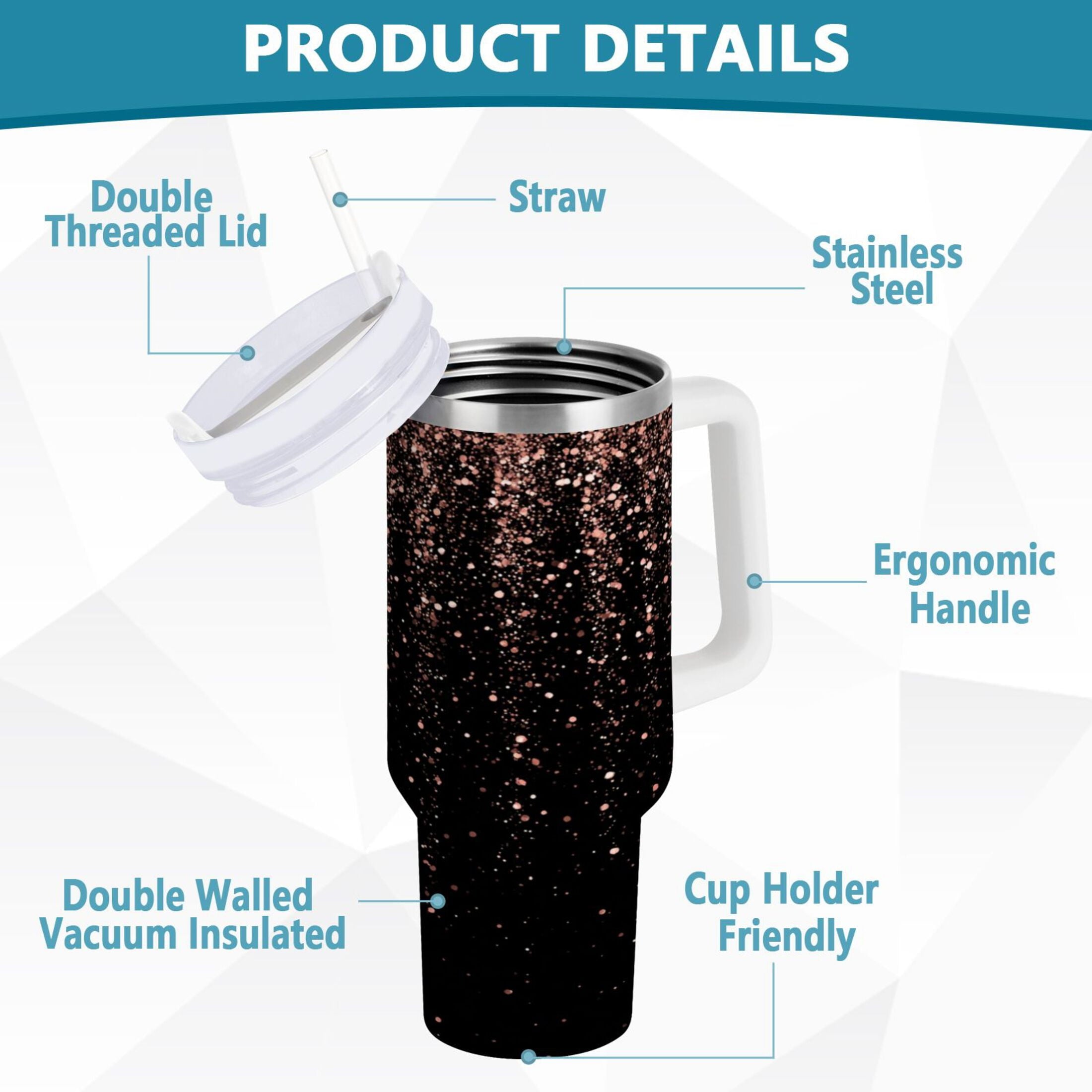 40 oz Insulated Stainless Steel Tumbler Double Wall Stainless Steel Tumbler with 2-Way Drinking Rose Gold Glitter - 8XAA