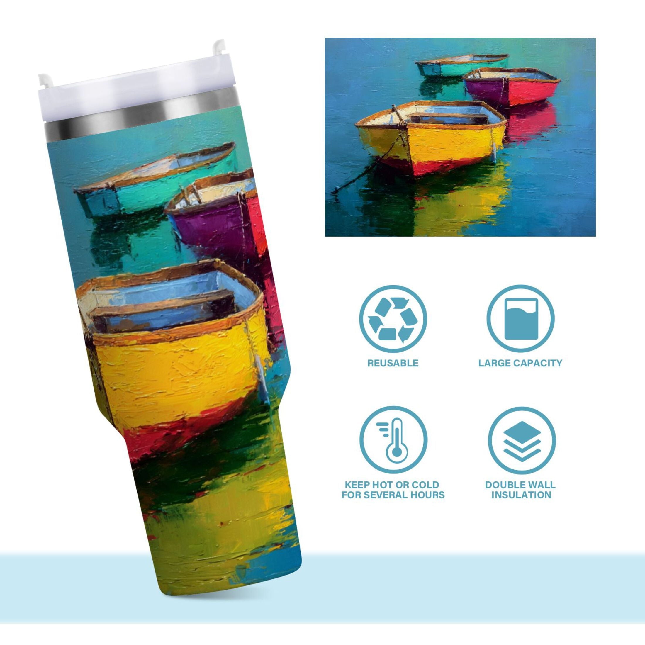 30 oz Insulated Stainless Steel Tumbler Double Wall Stainless Steel Tumbler with 2-Way Drinking Colorful Row Boats - C2FH