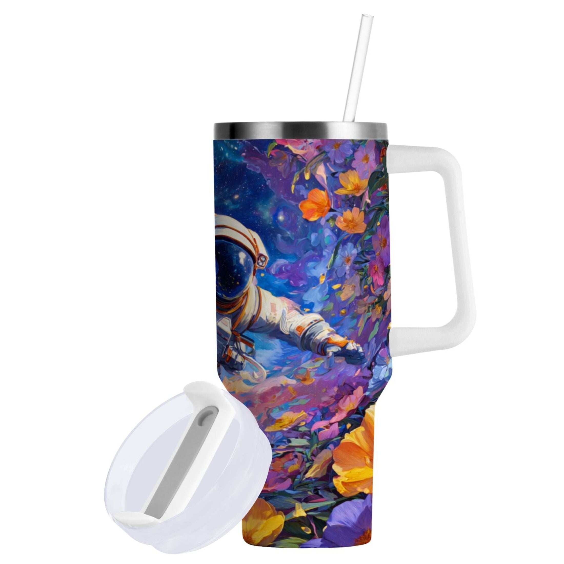 40 oz Insulated Stainless Steel Tumbler Double Wall Stainless Steel Tumbler with 2-Way Drinking Astronaut and Colorful Flowers - YVWD