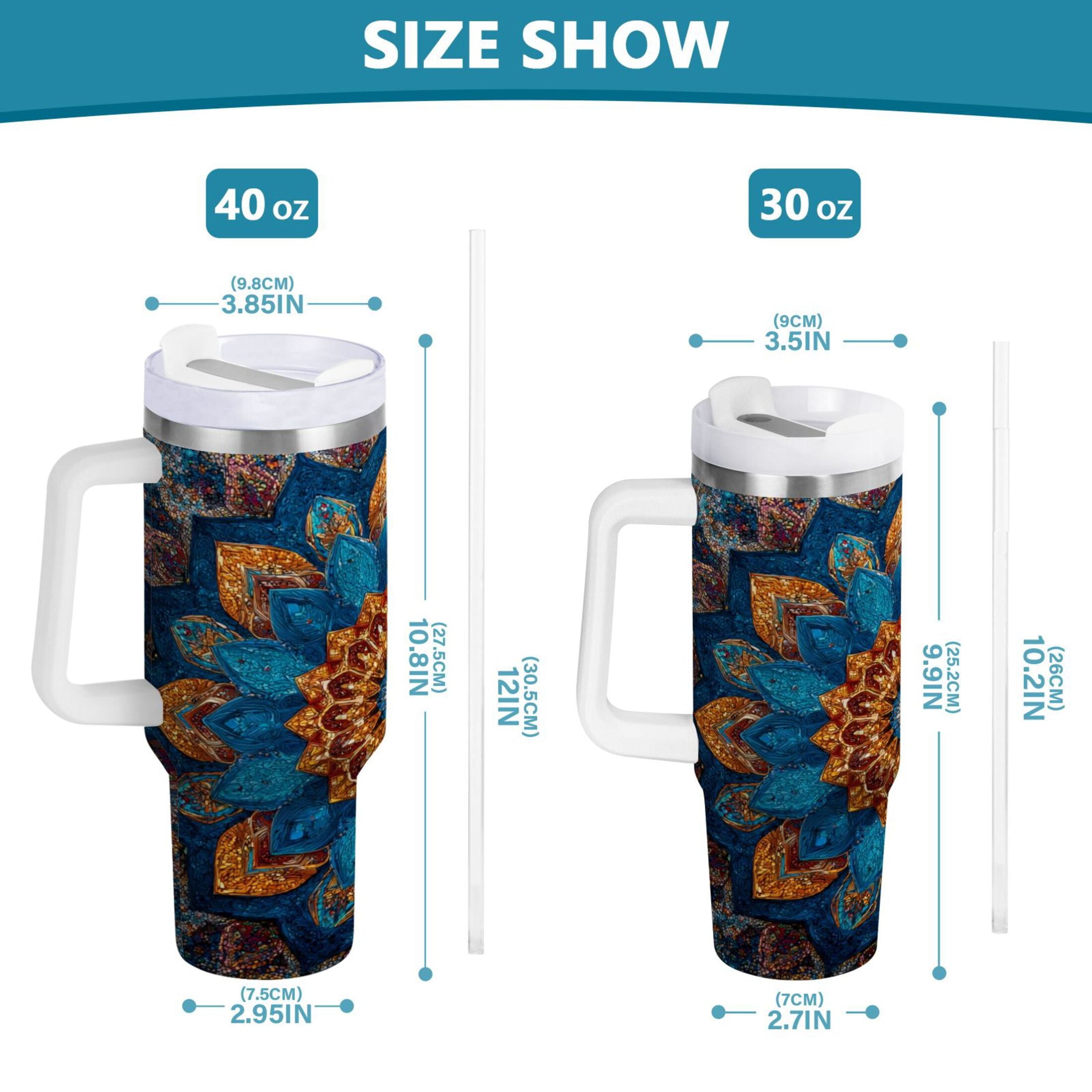 40 oz Insulated Stainless Steel Tumbler Double Wall Stainless Steel Tumbler with 2-Way Drinking Intricate Geometric Shapes - KF7B