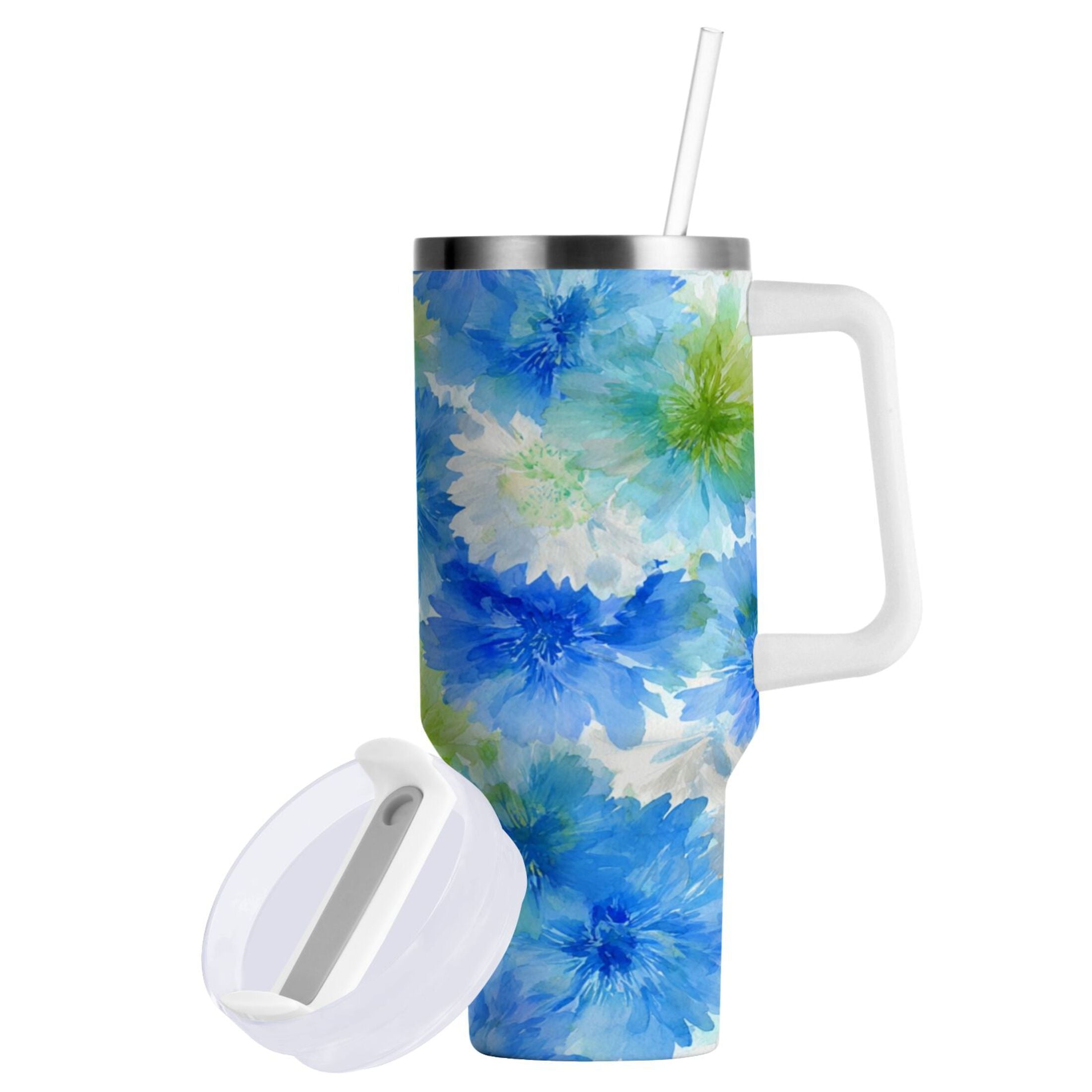 40 oz Insulated Stainless Steel Tumbler Double Wall Stainless Steel Tumbler with 2-Way Drinking Watercolor Blue Cornflowers - 475G
