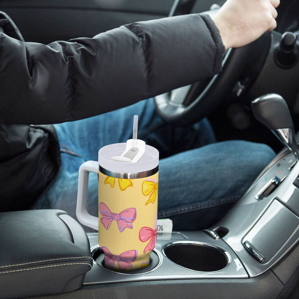 30 oz Insulated Stainless Steel Tumbler Double Wall Stainless Steel Tumbler with 2-Way Drinking Yellow and Pink Bows - 59JK