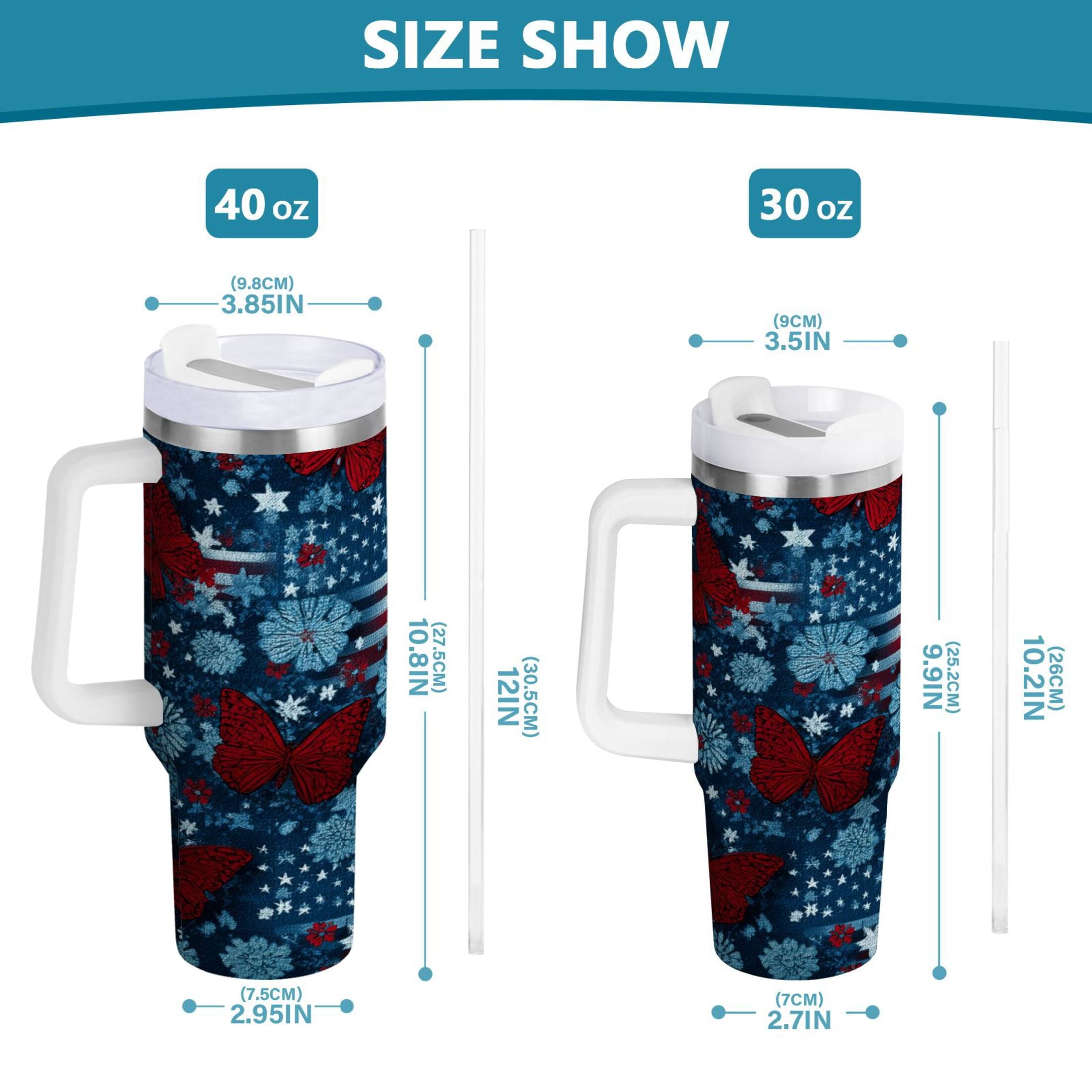 30 oz Insulated Stainless Steel Tumbler Double Wall Stainless Steel Tumbler with 2-Way Drinking Red Butterflies and Flags - TXBH