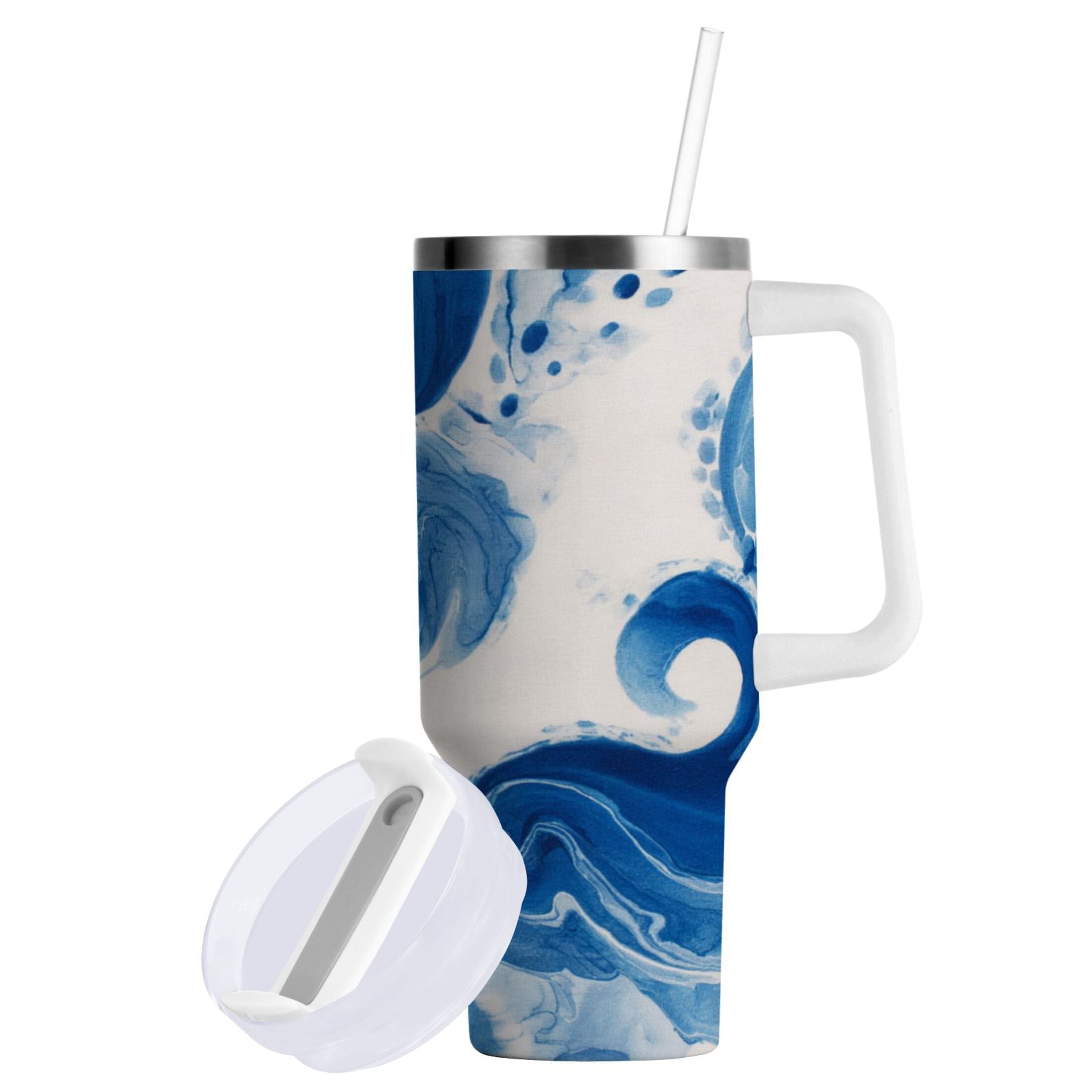 40 oz Insulated Stainless Steel Tumbler Double Wall Stainless Steel Tumbler with 2-Way Drinking Indigo Blue Tie-dye Pattern - NZVK