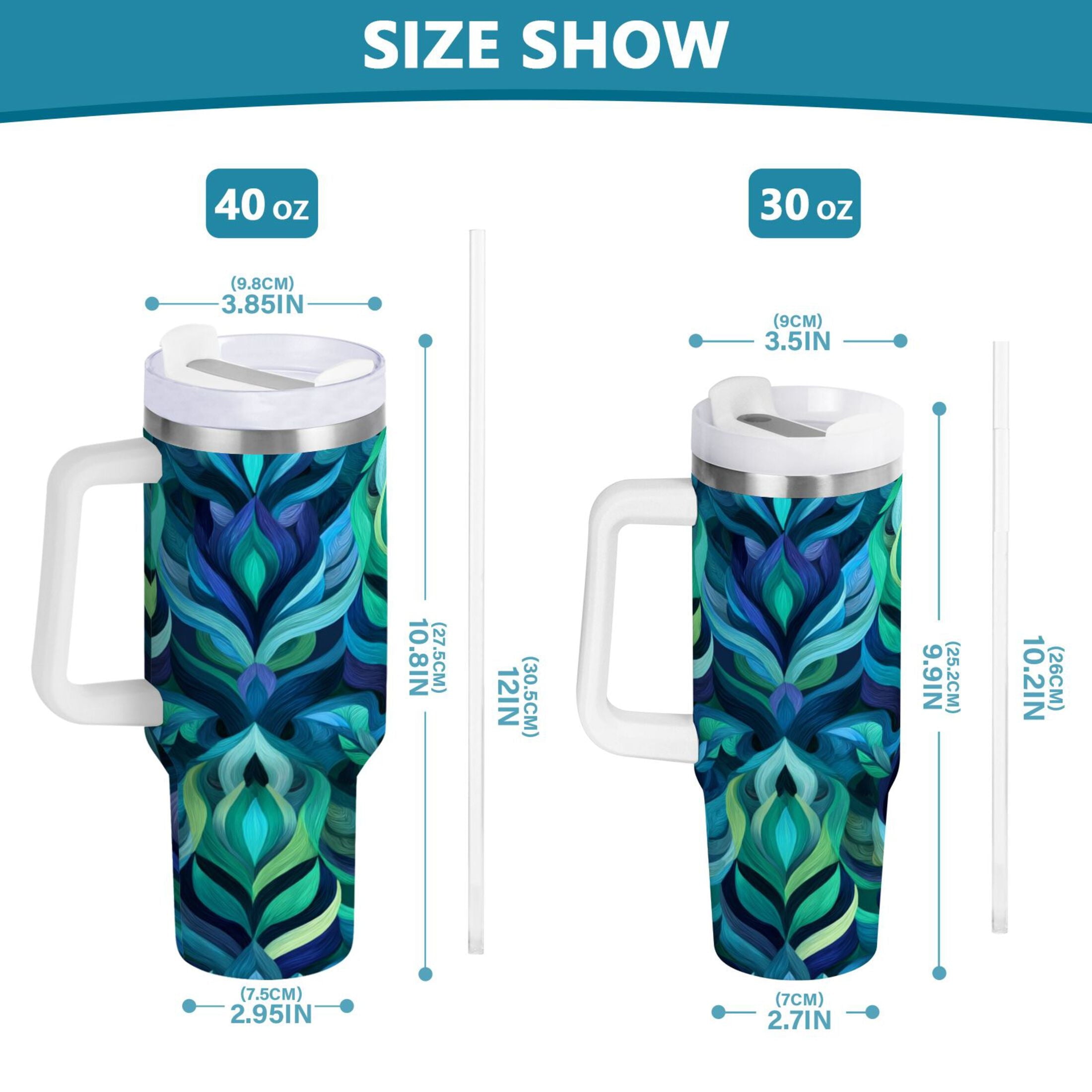 40 oz Insulated Stainless Steel Tumbler Double Wall Stainless Steel Tumbler with 2-Way Drinking Elegant Blue Abstract Shapes - 6YY7