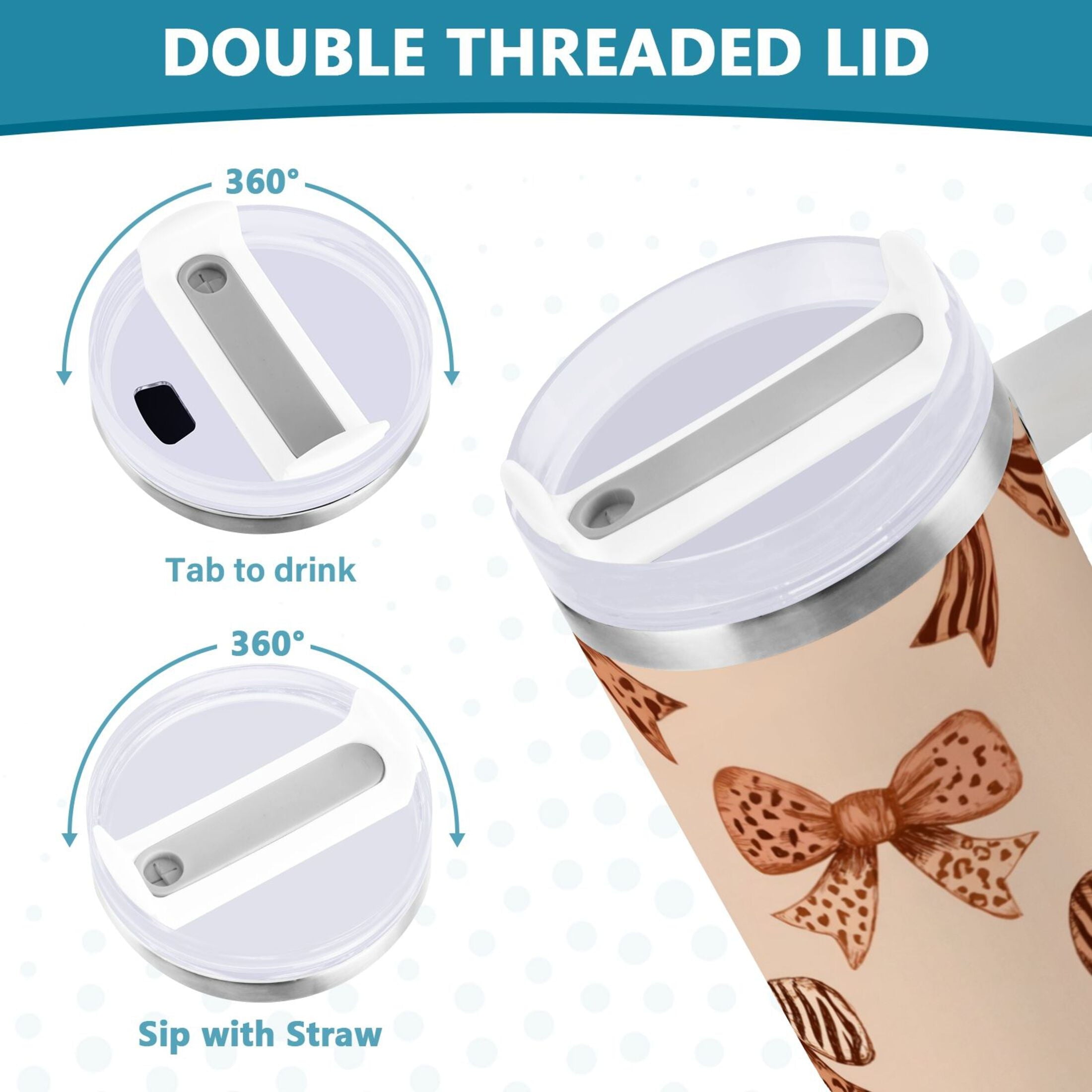 40 oz Insulated Stainless Steel Tumbler Double Wall Stainless Steel Tumbler with 2-Way Drinking Leopard Print Bow - D59H