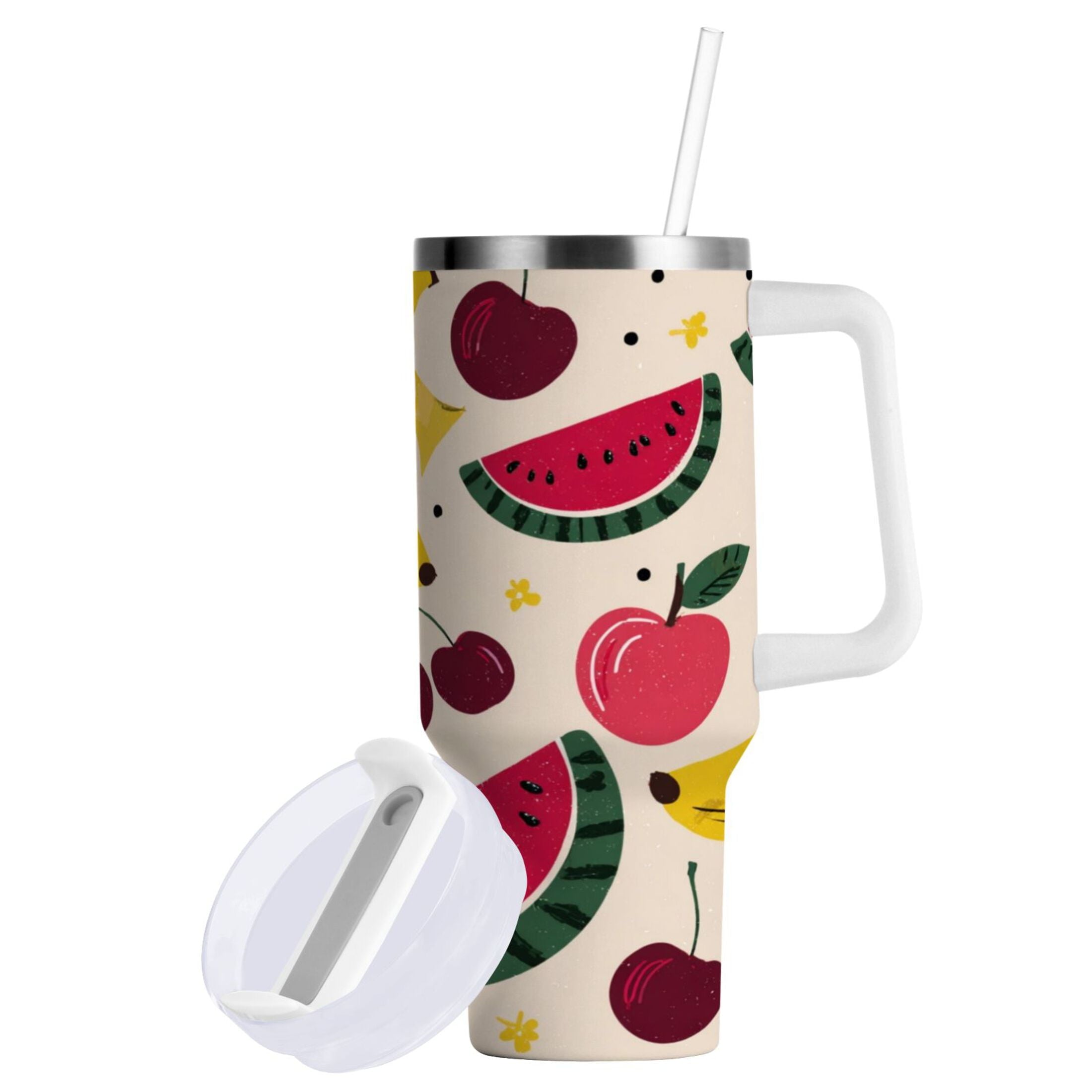 30 oz Insulated Stainless Steel Tumbler Double Wall Stainless Steel Tumbler with 2-Way Drinking Watermelon and Cherries - WK97