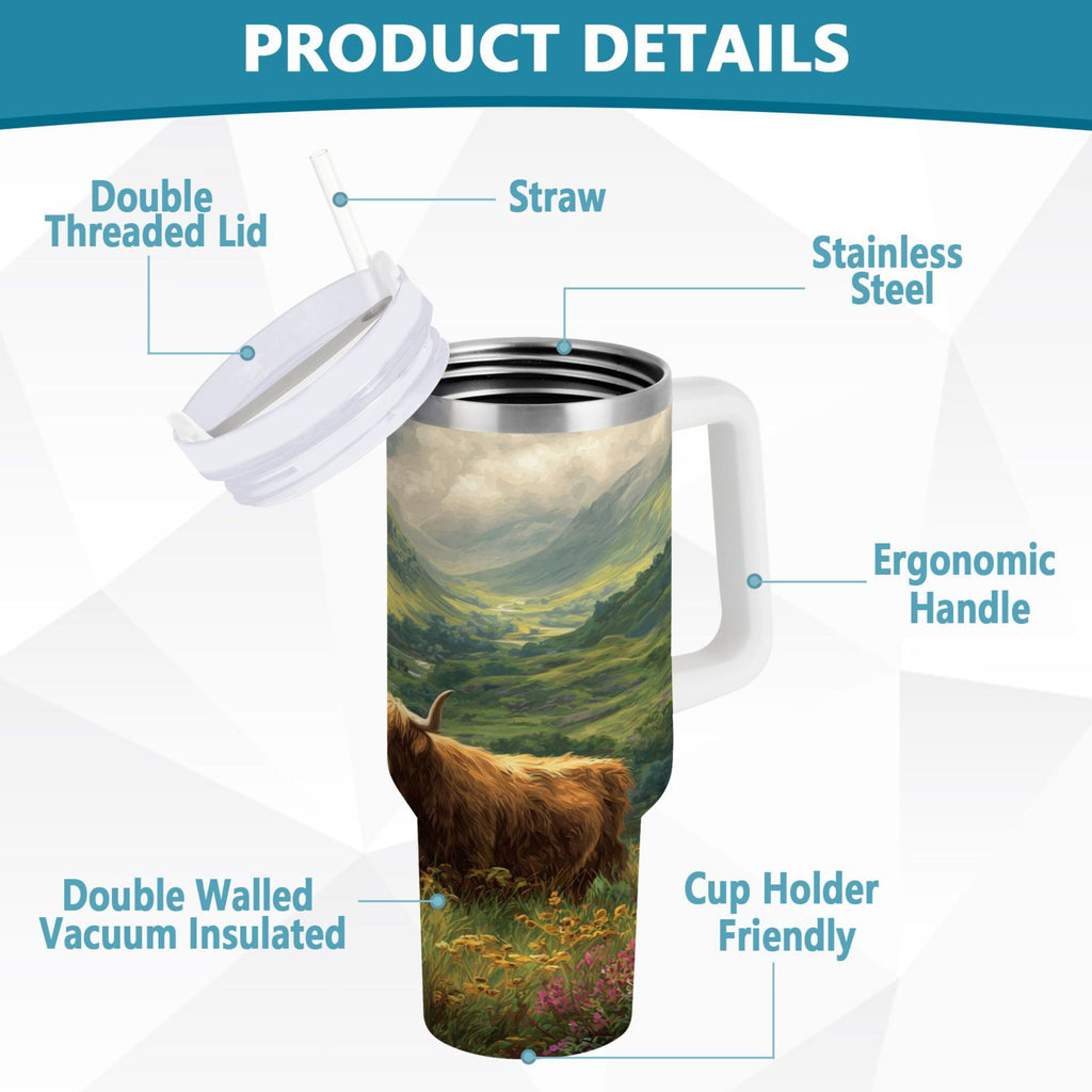 30 oz Insulated Stainless Steel Tumbler Double Wall Stainless Steel Tumbler with 2-Way Drinking Cow in Green Rolling Hills - PQ9H