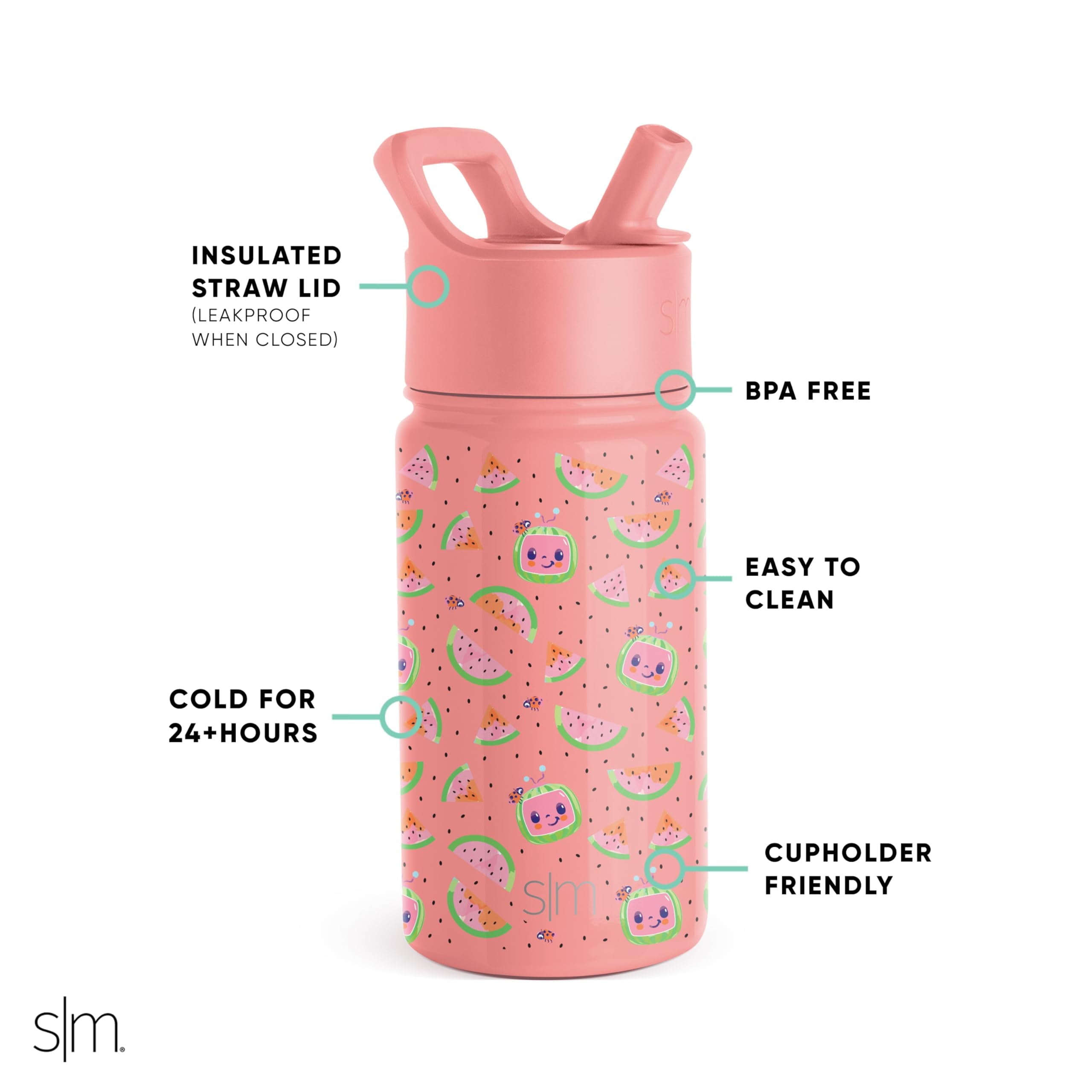 Simple Modern CoComelon Kids Water Bottle with Straw Lid | Insulated Stainless Steel Reusable Tumbler for Toddlers, Girls | Summit Collection | 14oz, CoComelon Pink Melon - ZBDD