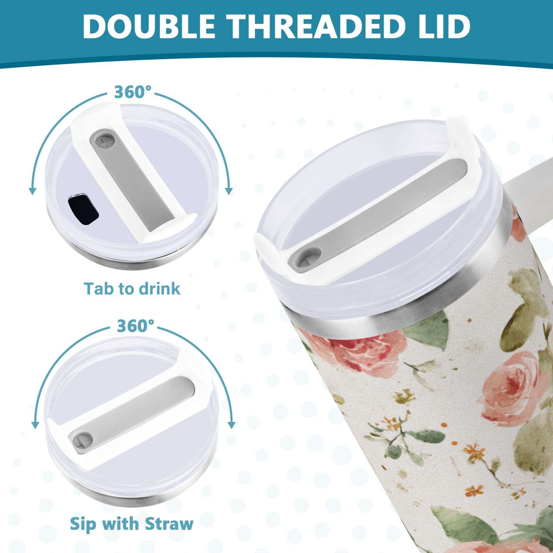 40 oz Insulated Stainless Steel Tumbler Double Wall Stainless Steel Tumbler with 2-Way Drinking Watercolor Rose Floral Pattern - SLDA