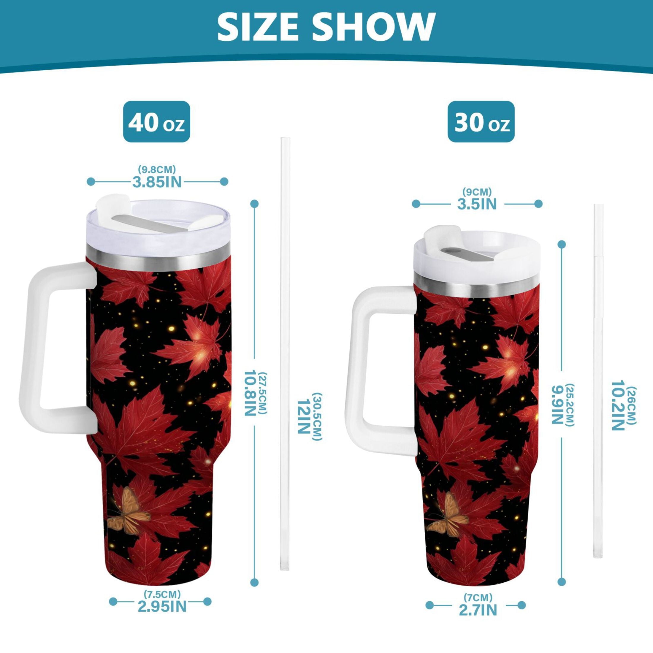 40 oz Insulated Stainless Steel Tumbler Double Wall Stainless Steel Tumbler with 2-Way Drinking Maple Leaves and Fireflies - 36E9