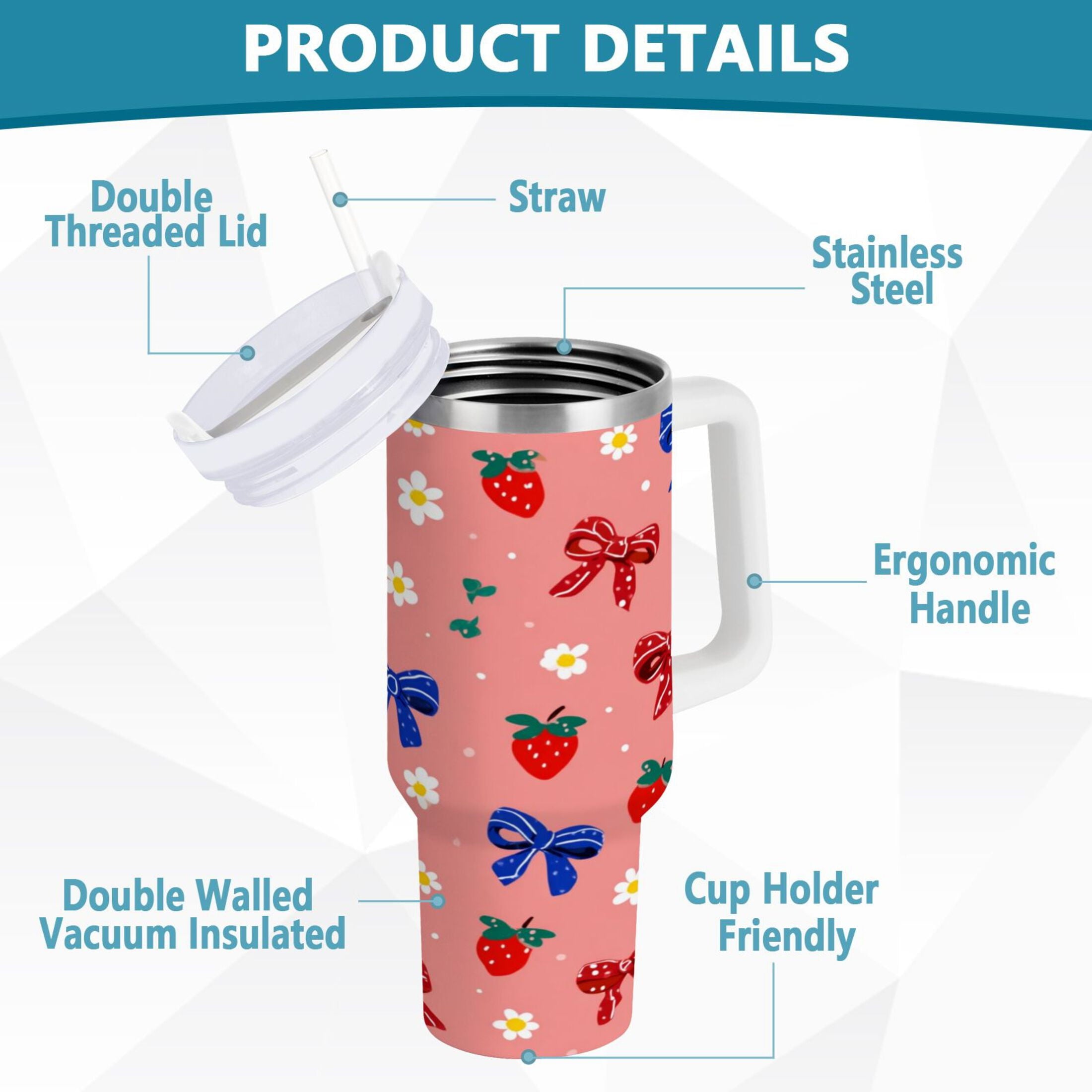 40 oz Insulated Stainless Steel Tumbler Double Wall Stainless Steel Tumbler with 2-Way Drinking Bows and Strawberries Pattern - TN3K