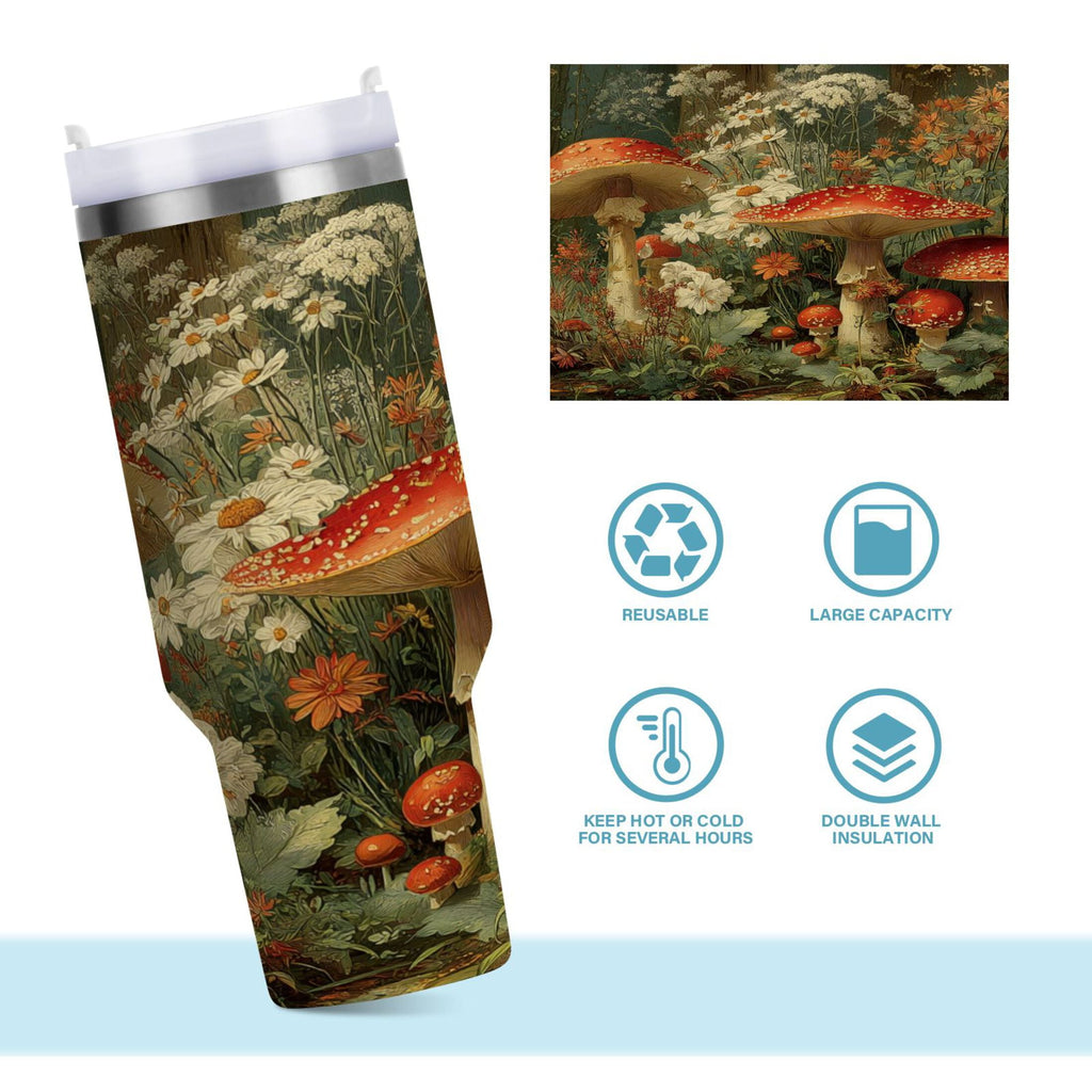 40 oz Insulated Stainless Steel Tumbler Double Wall Stainless Steel Tumbler with 2-Way Drinking Red Mushrooms - 4R5Y