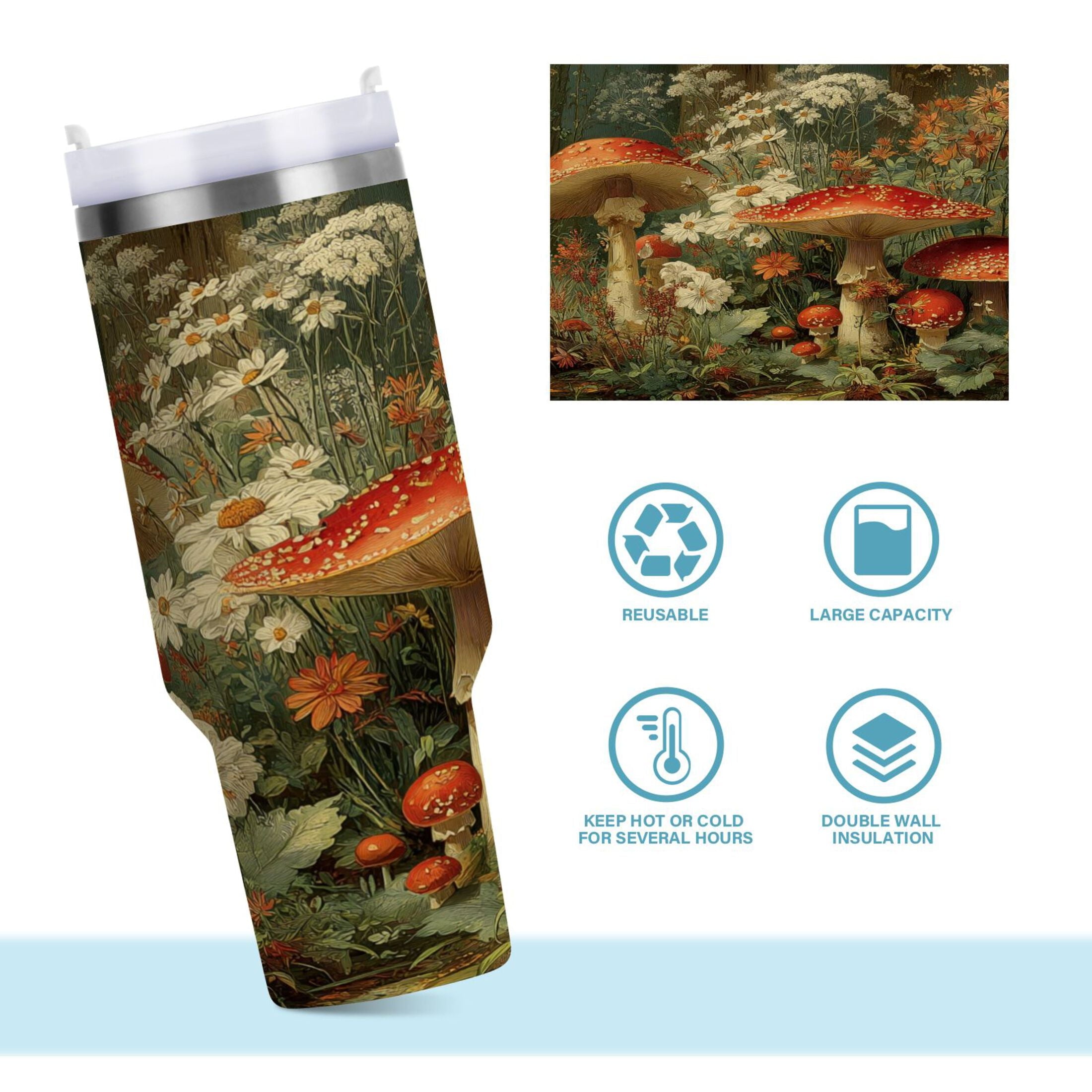 40 oz Insulated Stainless Steel Tumbler Double Wall Stainless Steel Tumbler with 2-Way Drinking Red Mushrooms - 4R5Y