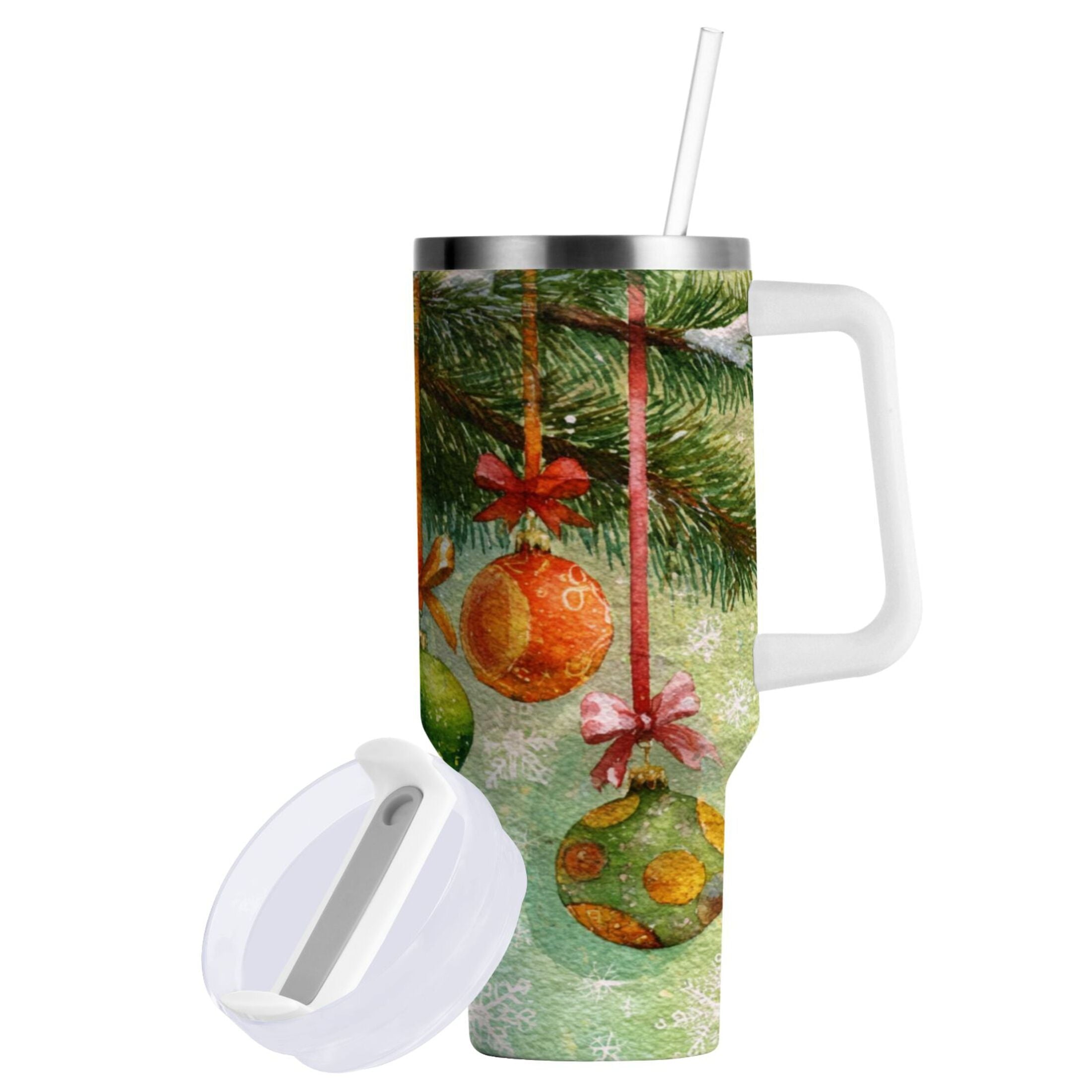 30 oz Insulated Stainless Steel Tumbler Double Wall Stainless Steel Tumbler with 2-Way Drinking Christmas Ornaments Watercolor Painting - 9MZY