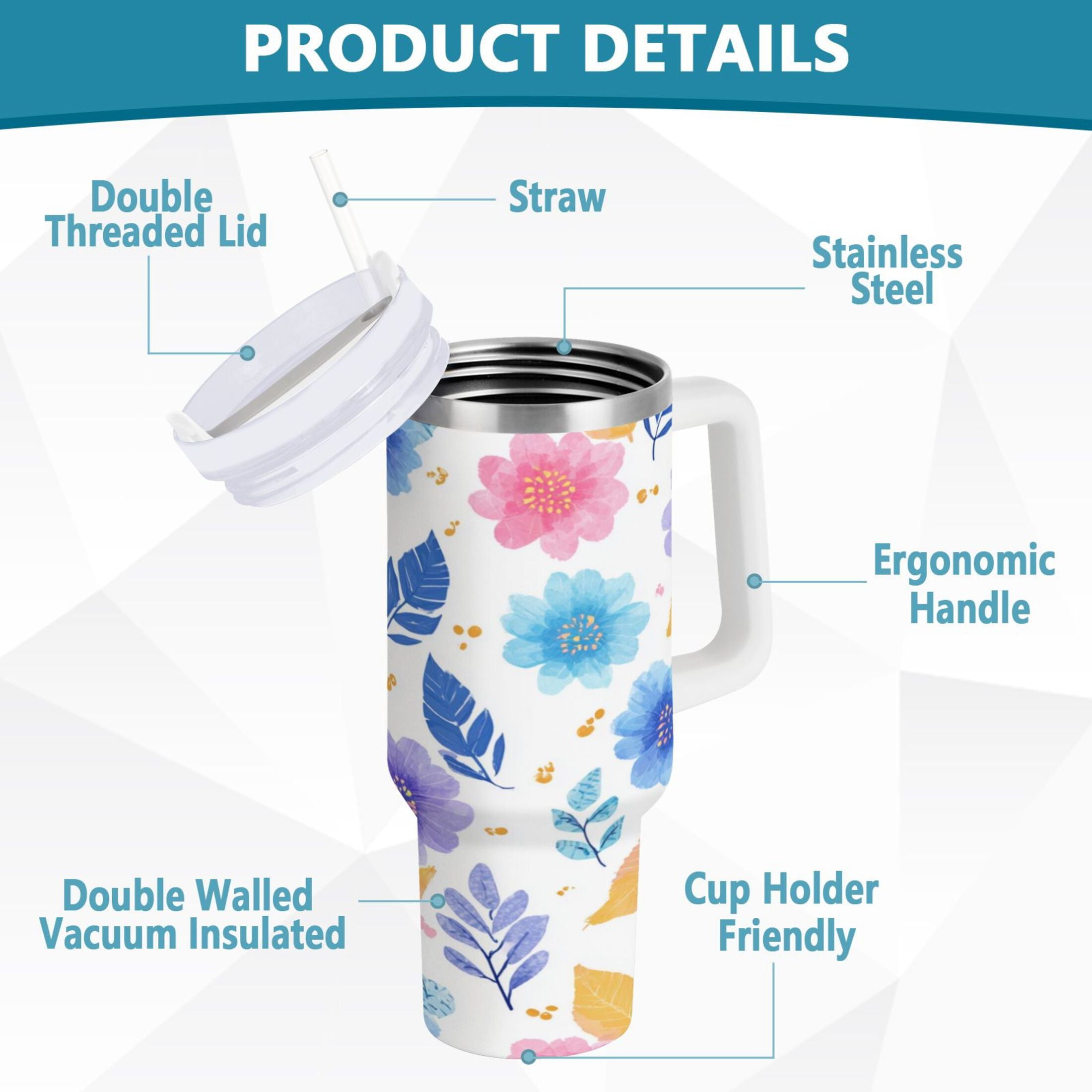 30 oz Insulated Stainless Steel Tumbler Double Wall Stainless Steel Tumbler with 2-Way Drinking Blue and Purple Flowers - 88C4