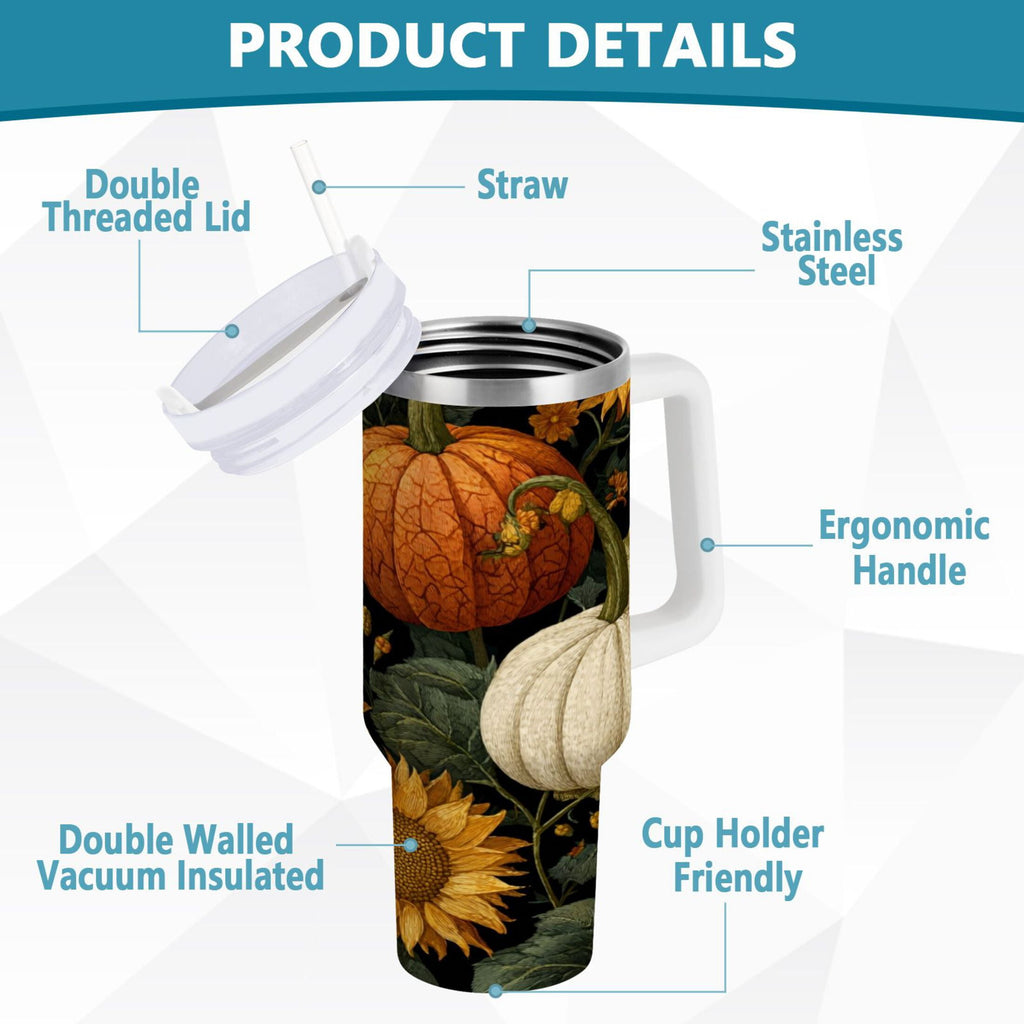 40 oz Insulated Stainless Steel Tumbler Double Wall Stainless Steel Tumbler with 2-Way Drinking Pumpkins and Sunflowers Pattern - YTXK