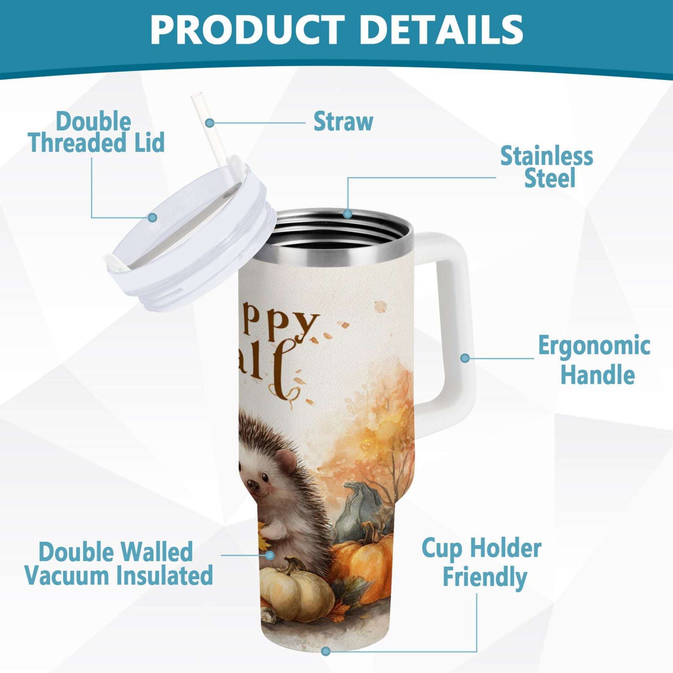 30 oz Insulated Stainless Steel Tumbler Double Wall Stainless Steel Tumbler with 2-Way Drinking Cute Little Hedgehog - L9YJ