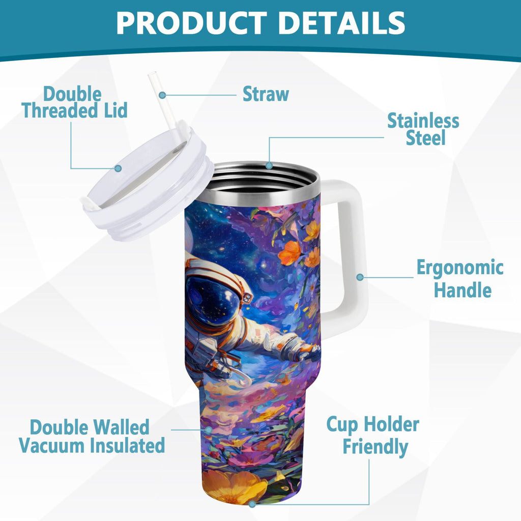 40 oz Insulated Stainless Steel Tumbler Double Wall Stainless Steel Tumbler with 2-Way Drinking Astronaut and Colorful Flowers - YVWD
