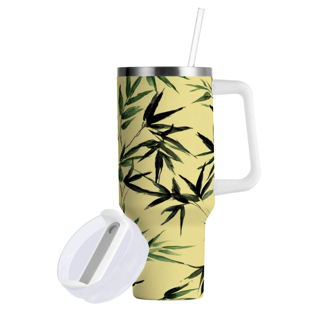 30 oz Insulated Stainless Steel Tumbler Double Wall Stainless Steel Tumbler with 2-Way Drinking Bamboo and Green Leaves - 9ZP9