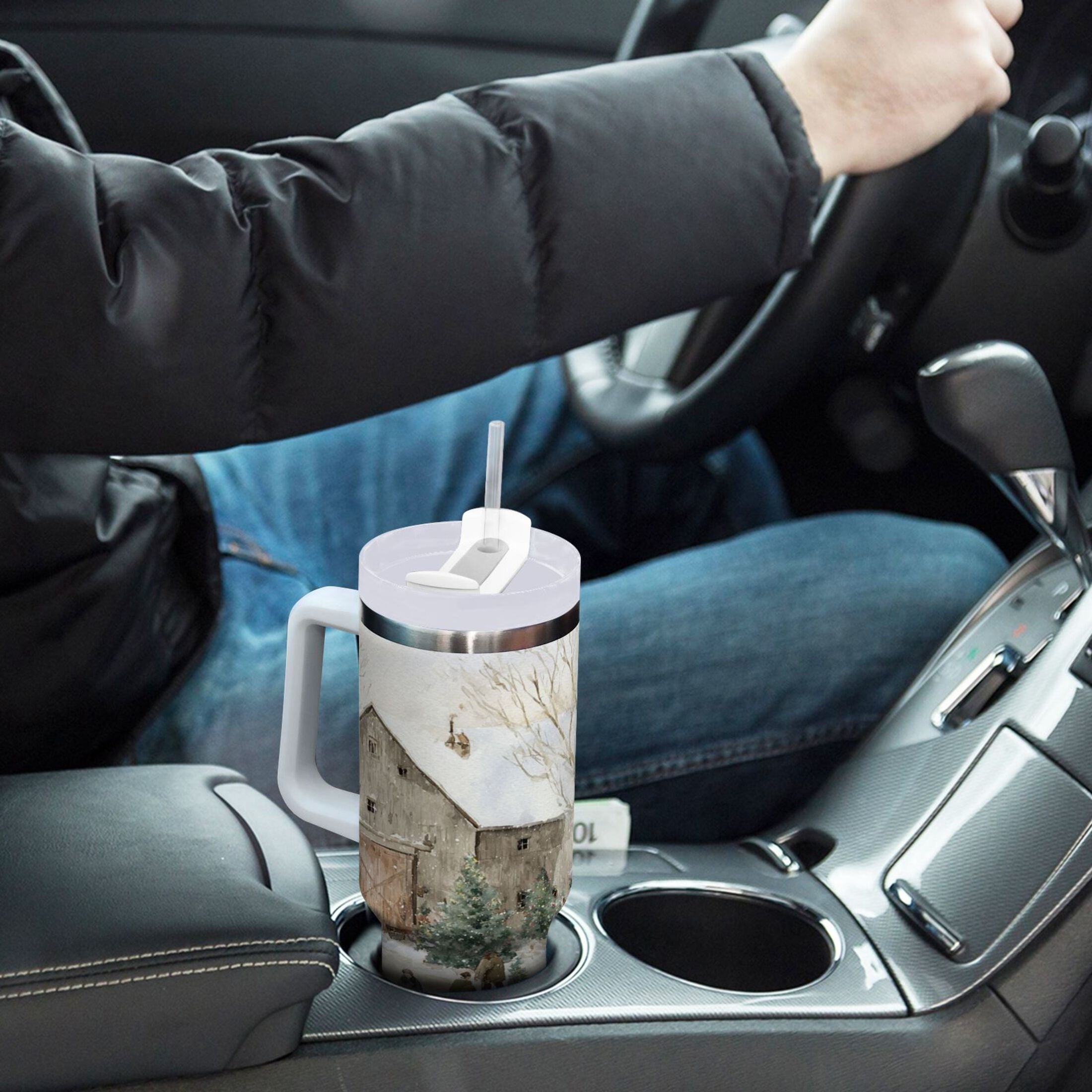 40 oz Insulated Stainless Steel Tumbler Double Wall Stainless Steel Tumbler with 2-Way Drinking Farm Snow Scene - 7ZPX
