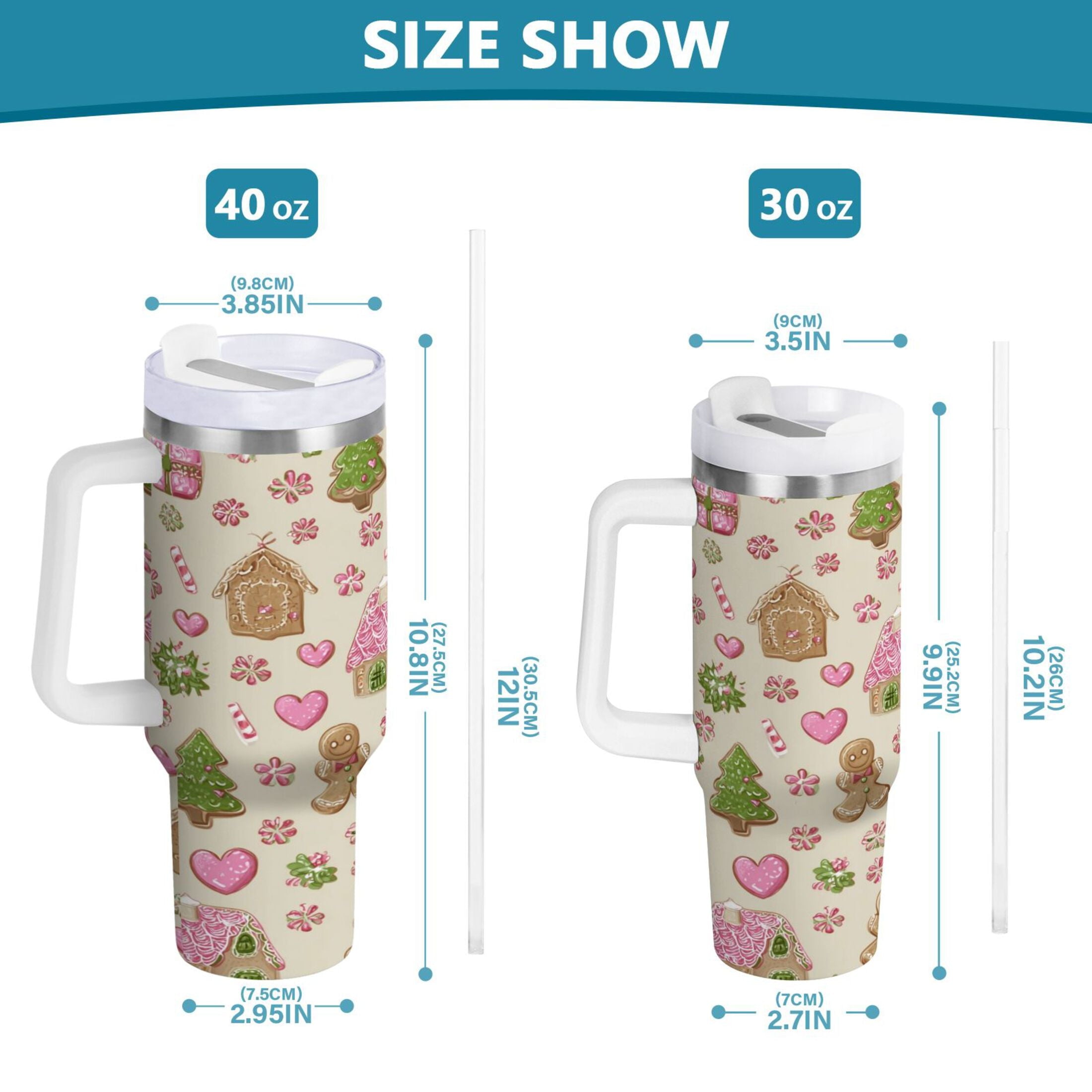 40 oz Insulated Stainless Steel Tumbler Double Wall Stainless Steel Tumbler with 2-Way Drinking Pink Cute Christmas Pattern - HMD4