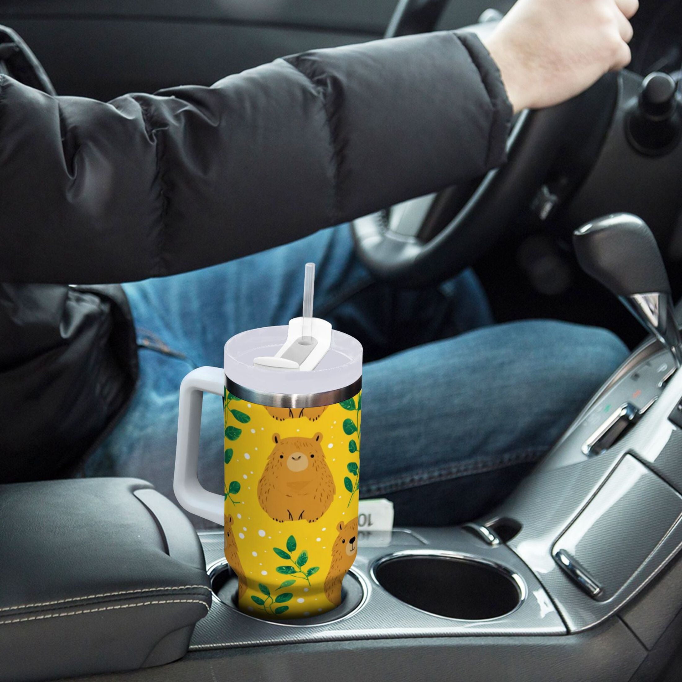 30 oz Insulated Stainless Steel Tumbler Double Wall Stainless Steel Tumbler with 2-Way Drinking Capybara and Green Leaves - P9E7