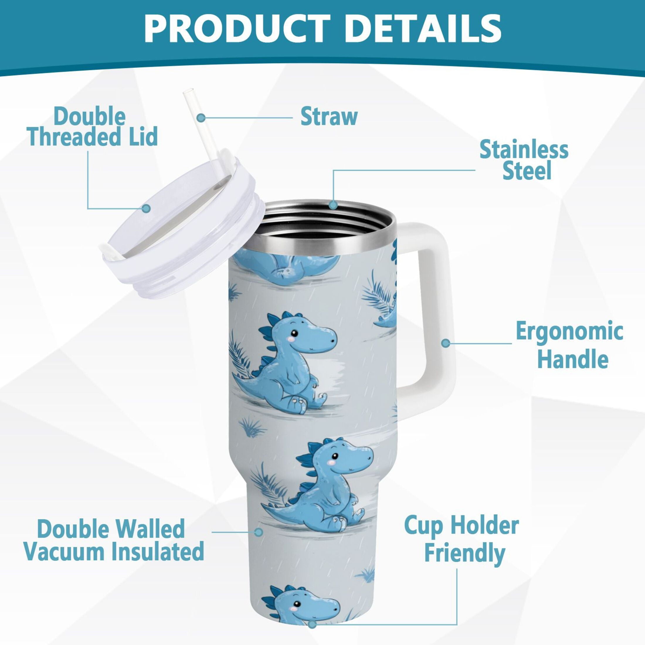 30 oz Insulated Stainless Steel Tumbler Double Wall Stainless Steel Tumbler with 2-Way Drinking Cartoon Blue Dinosaurs - LJEG