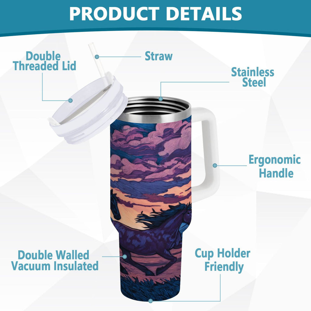 40 oz Insulated Stainless Steel Tumbler Double Wall Stainless Steel Tumbler with 2-Way Drinking Wild Horses Running - CVET
