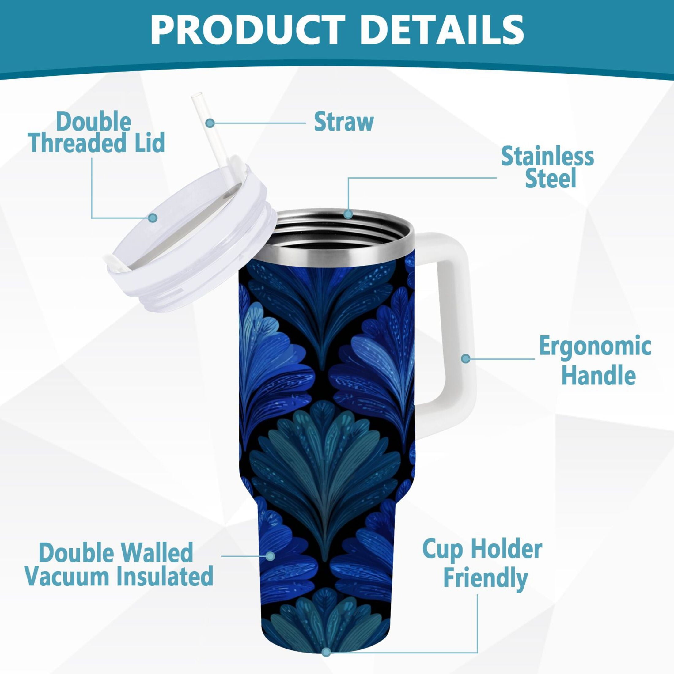 30 oz Insulated Stainless Steel Tumbler Double Wall Stainless Steel Tumbler with 2-Way Drinking Blue Batik Leaves Pattern - UL6C