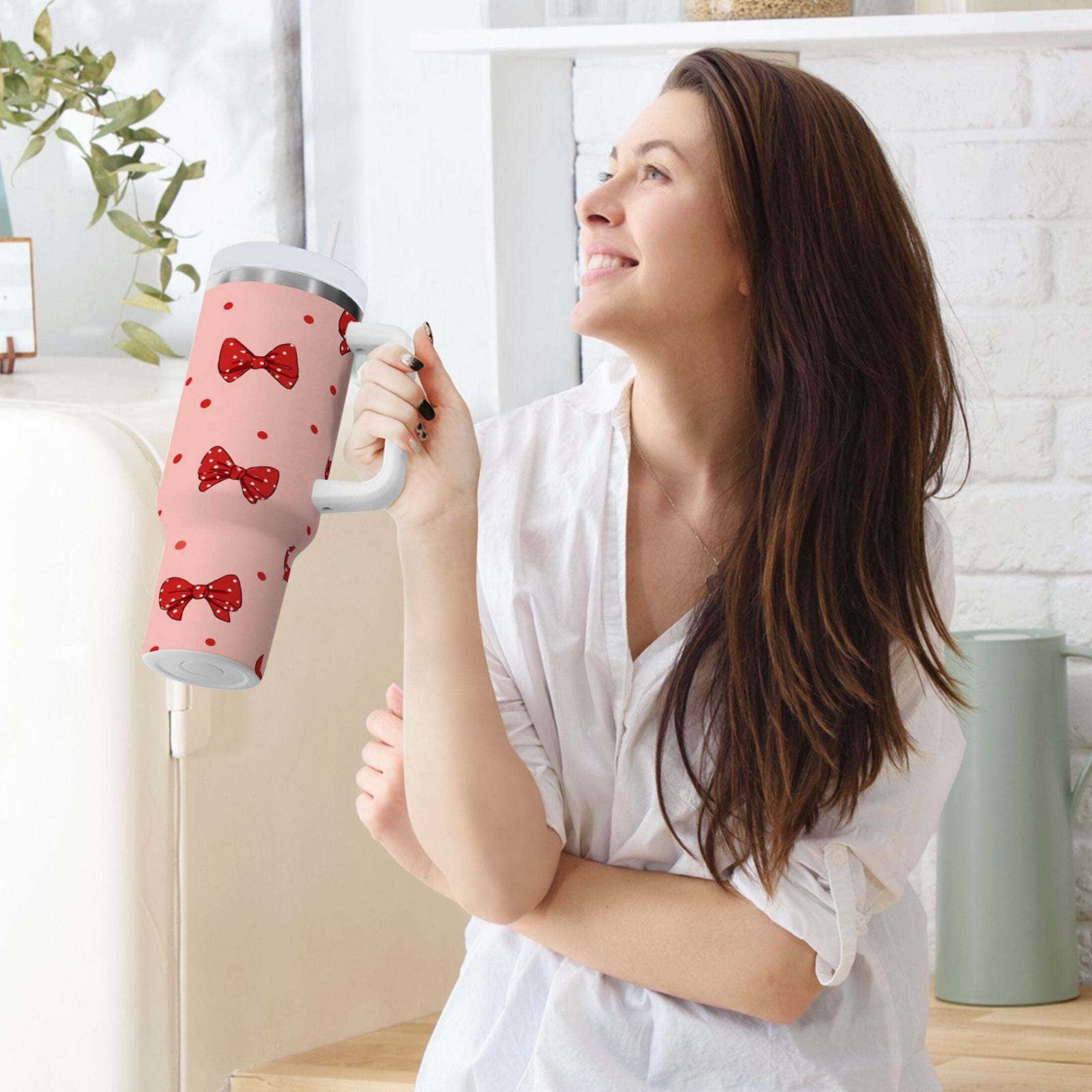 40 oz Insulated Stainless Steel Tumbler Double Wall Stainless Steel Tumbler with 2-Way Drinking Red Bows and Polka Dots - JG7X