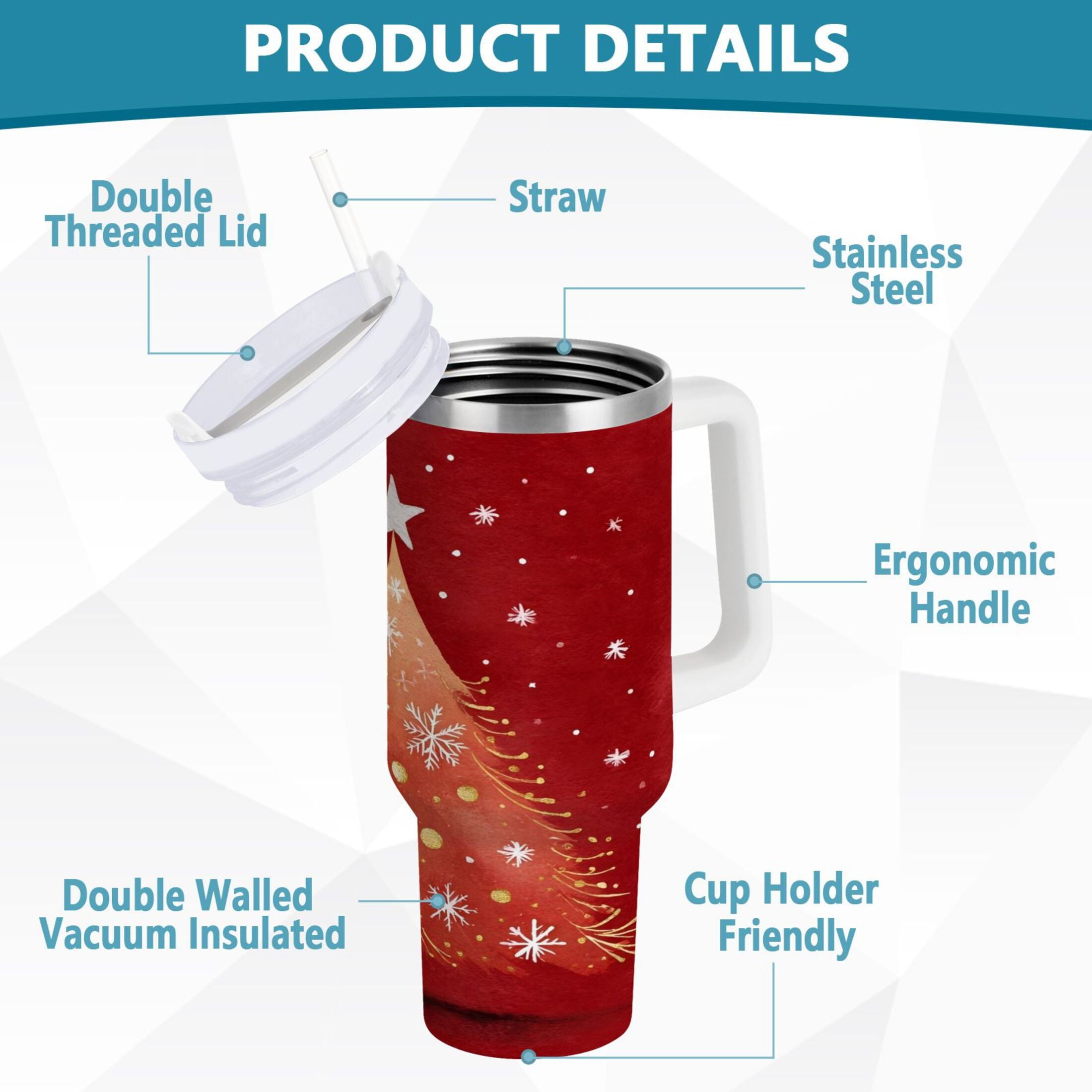 40 oz Insulated Stainless Steel Tumbler Double Wall Stainless Steel Tumbler with 2-Way Drinking Red Christmas Tree - NYUB