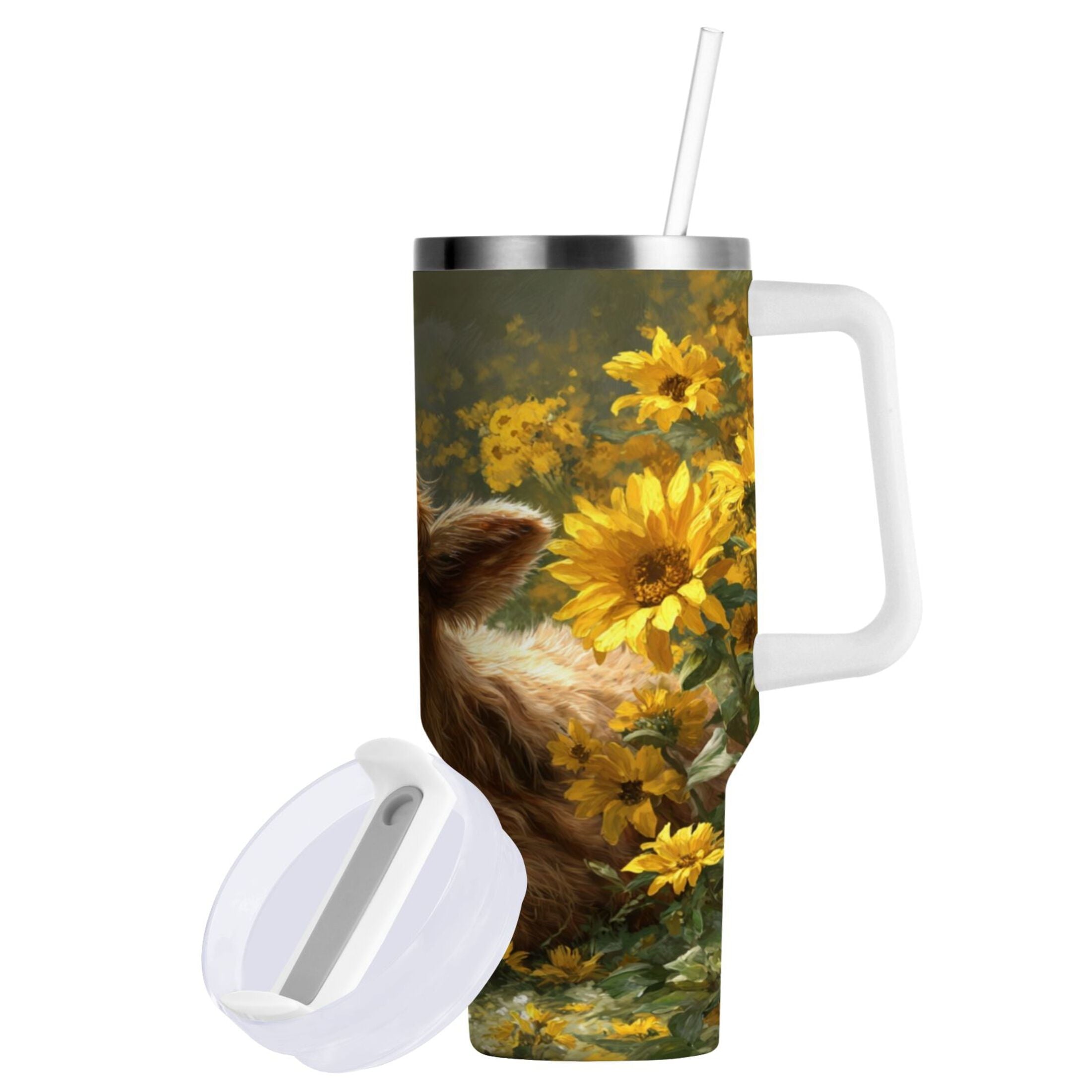 40 oz Insulated Stainless Steel Tumbler Double Wall Stainless Steel Tumbler with 2-Way Drinking Cow Lying in Sunflowers - GKZT